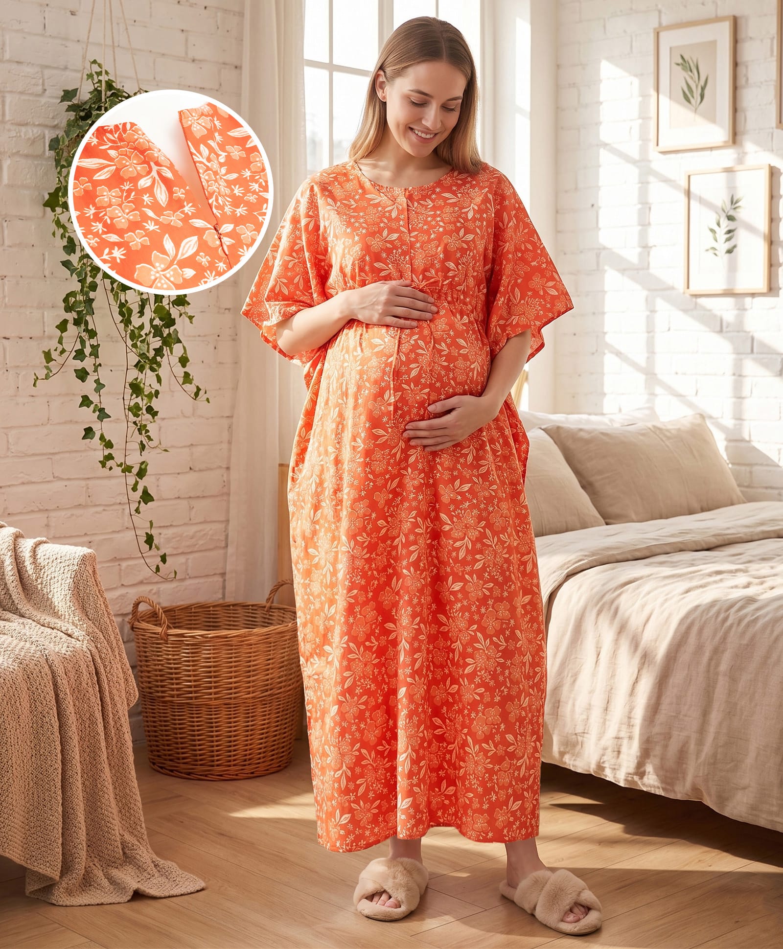 Bella Mama Cotton Woven Half Sleeves Kaftan Style Maternity Nighty Leaf Print - Orange