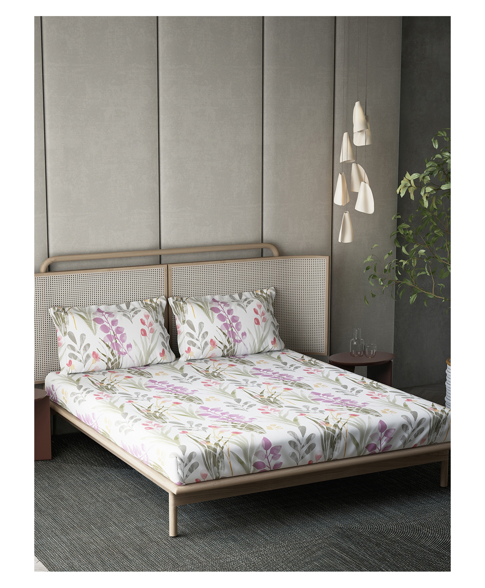 d'decor DDecor 100% Pure Cotton Ethnic 145TC King Flat Floral Printed Bedsheet with 2 Pillow Covers - Purple-picture-10