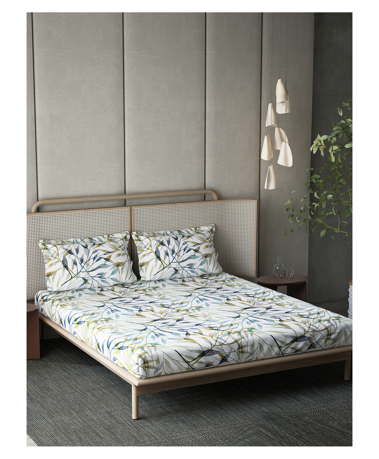 d'decor DDecor 100% Pure Cotton 145TC King Flat Leafy Printed Bedsheet with 2 Pillow Covers - Blue-picture-14