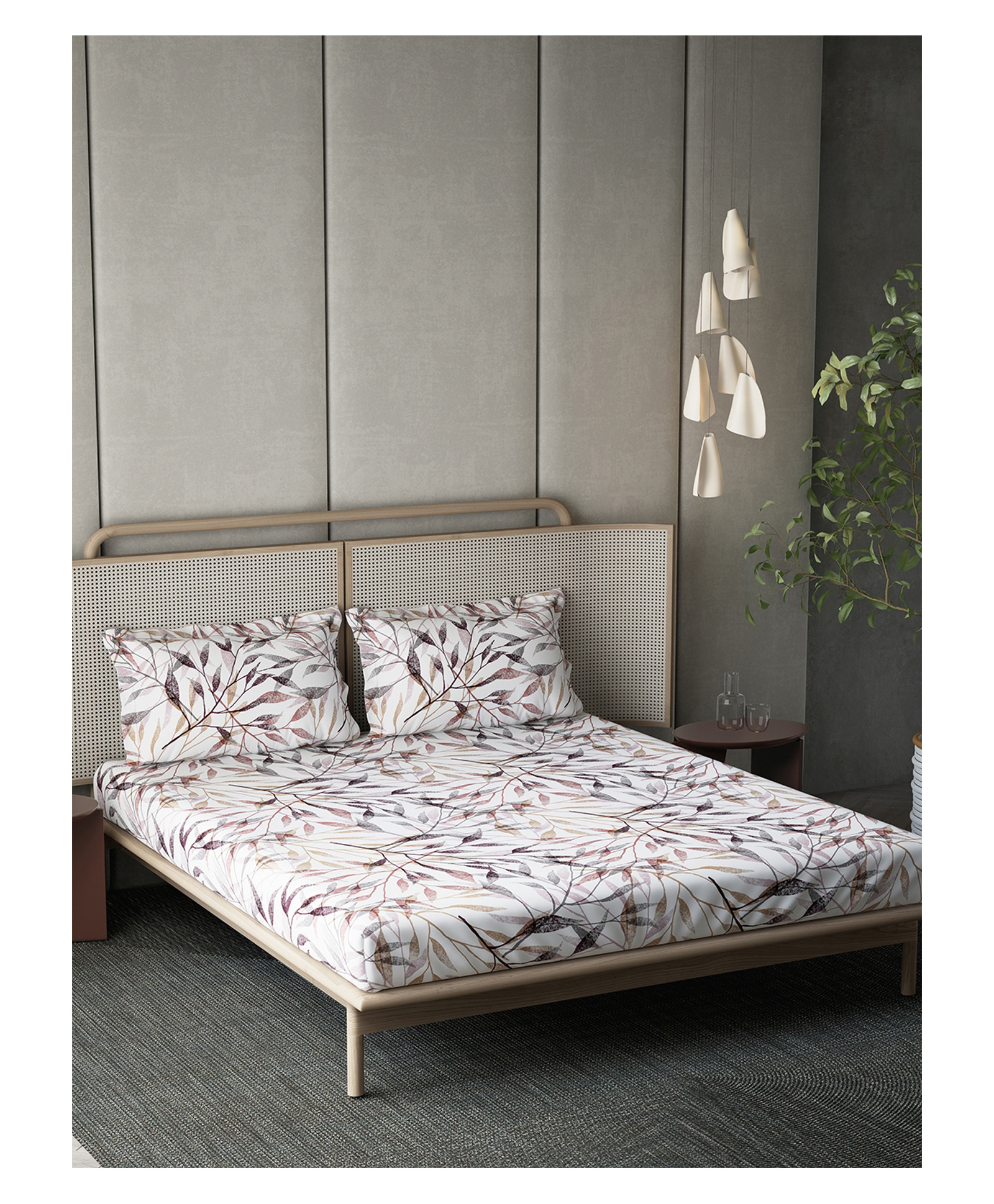 d'decor DDecor 100% Pure Cotton Leaves 145TC King Flat Bedsheet with 2 Pillow Covers - Wine-picture-11