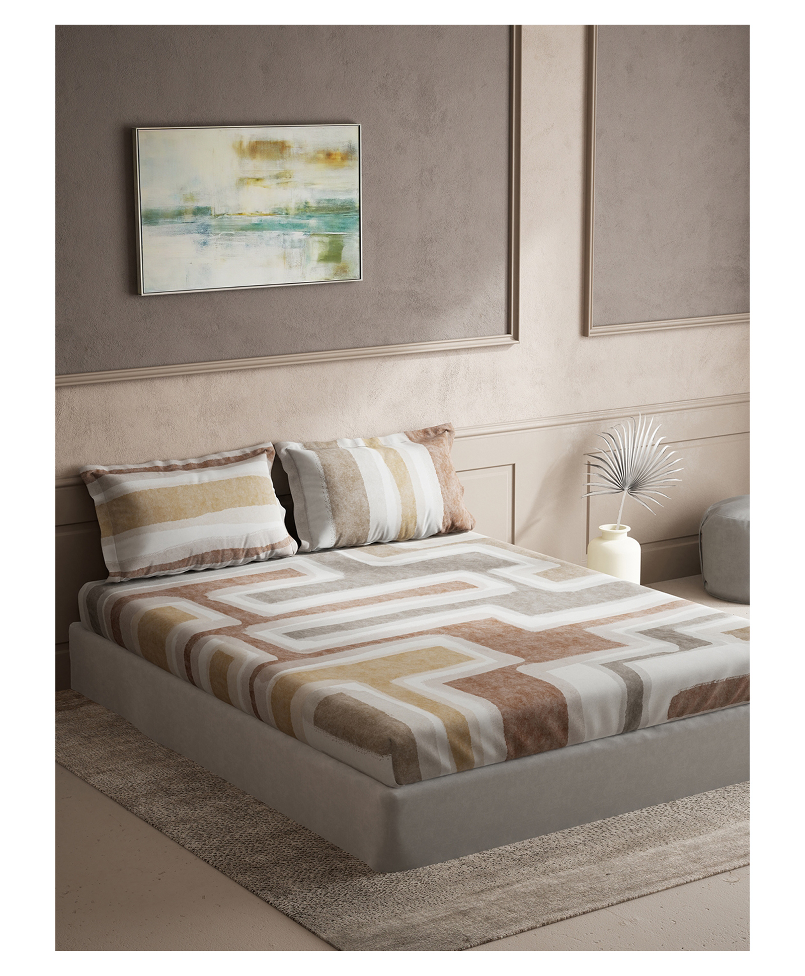d'decor DDecor Souvenir Collection 100% Cotton Abstract 145TC Super King Flat Bedsheet with 2 Pillow Covers - Brown-picture-24