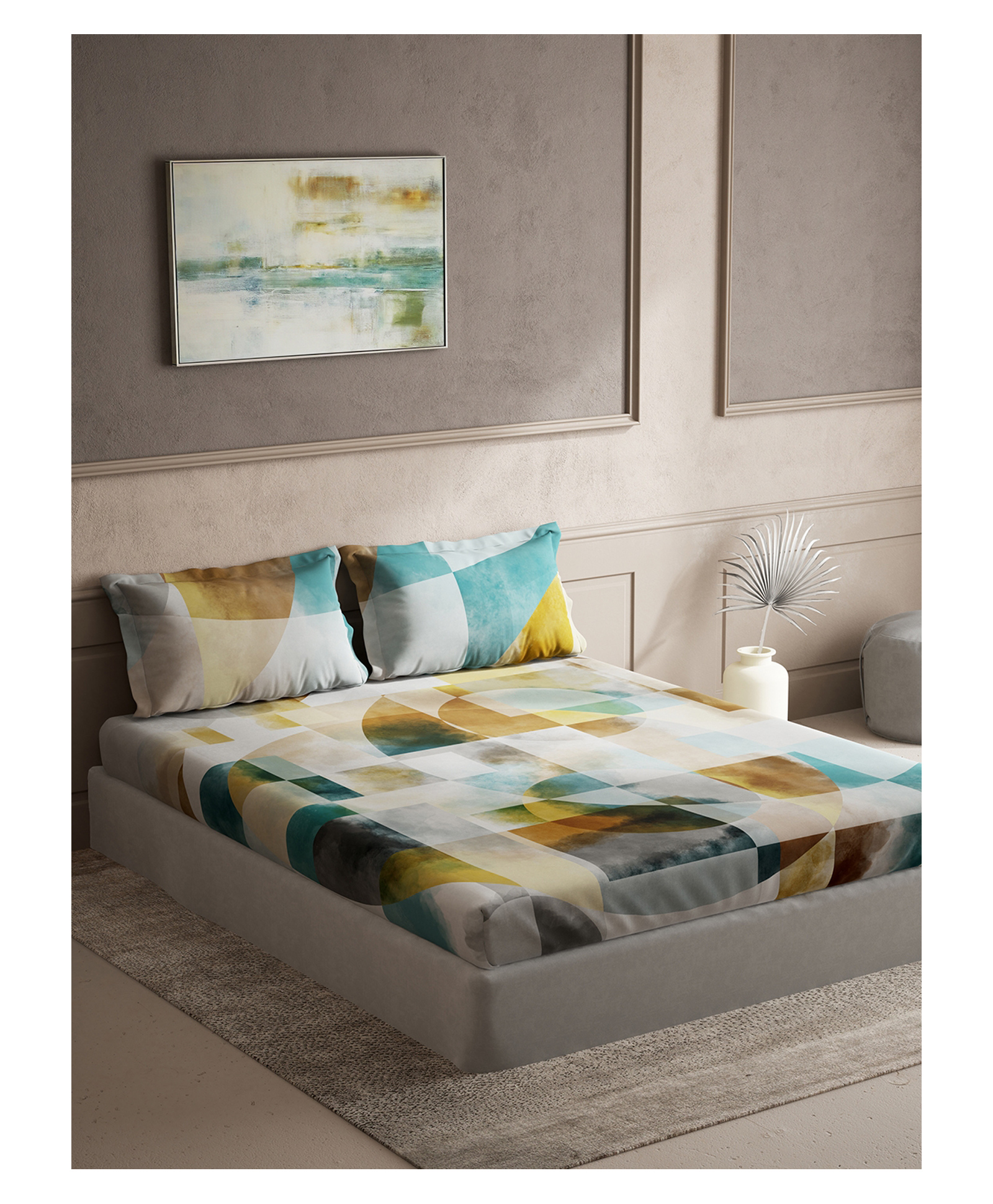 D'Decor Souvenir Collection 100% Cotton Abstract 145TC Super King Flat Bedsheet with 2 Pillow Covers - Turquoise-picture-32