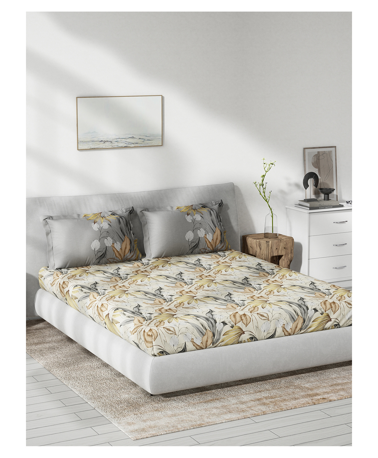 d'decor DDecor 100% Pure Cotton Leaves 145TC King Flat Bedsheet with 2 Pillow Covers - Yellow-picture-16