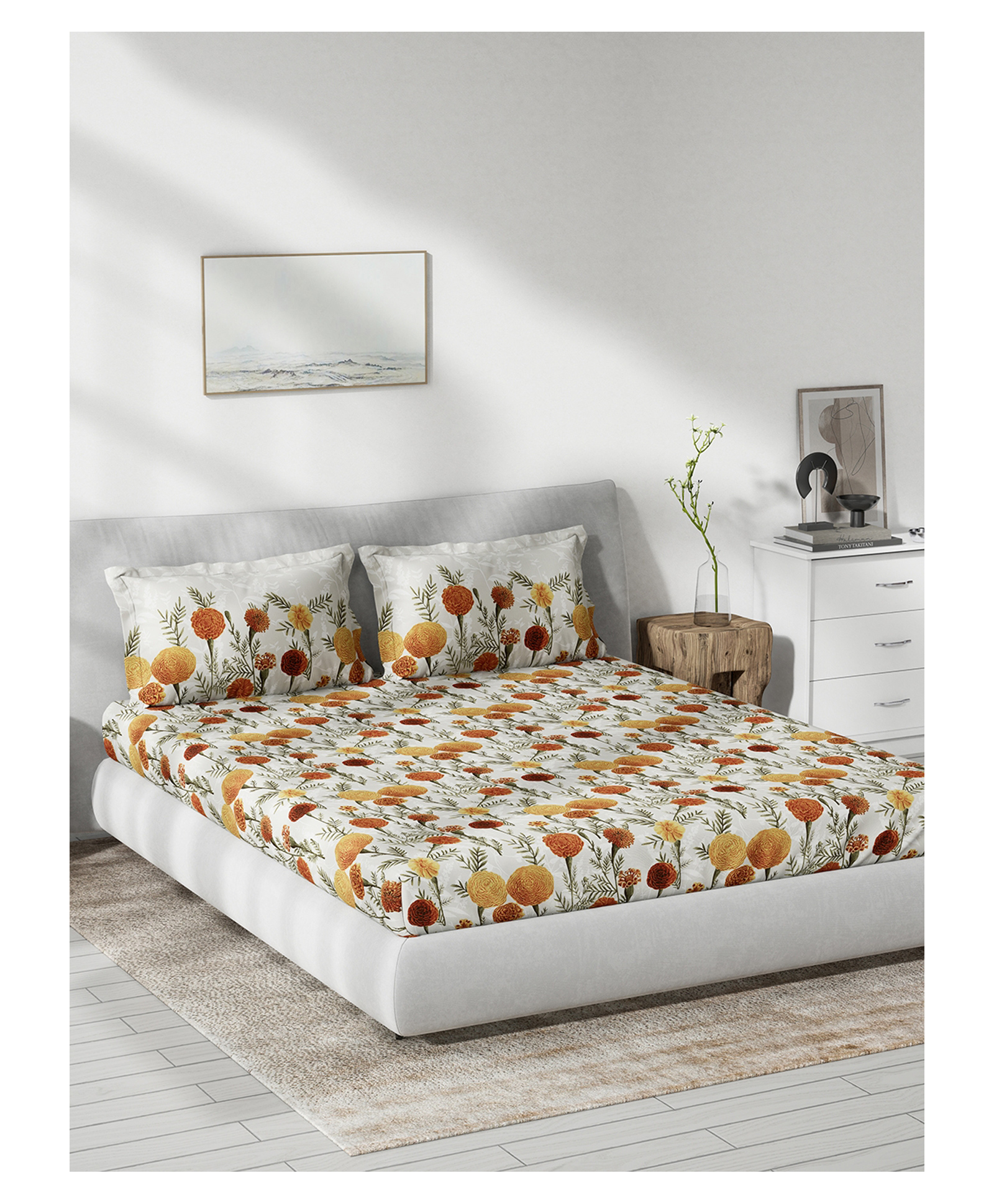 D'Decor 100% Pure Cotton Floral 145TC King Flat Bedsheet with 2 Pillow Covers - Yellow-picture-26