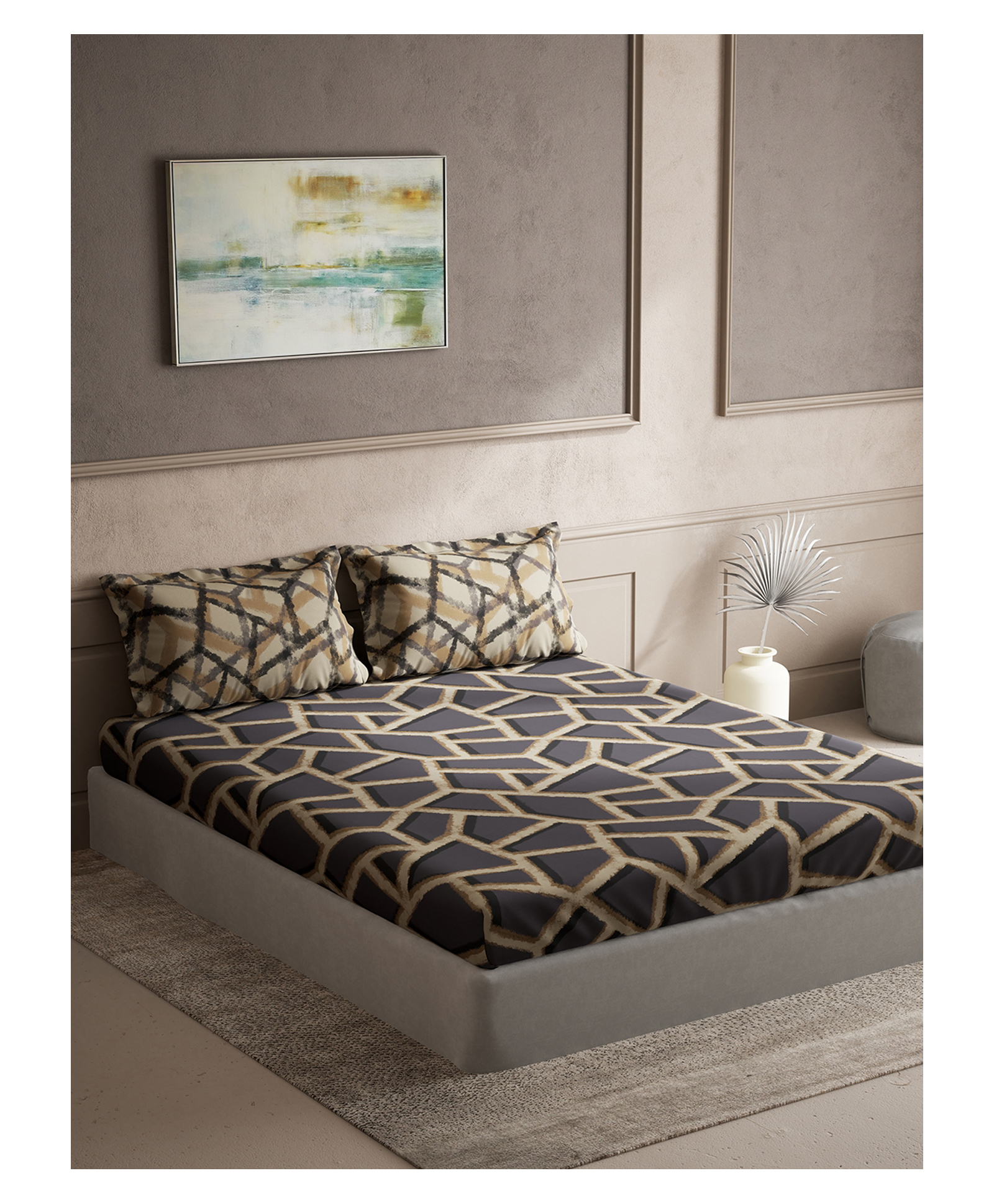 d'decor DDecor Souvenir Collection 100% Cotton Abstract 145TC King Flat Bedsheet with 2 Pillow Covers - Grey-picture-11
