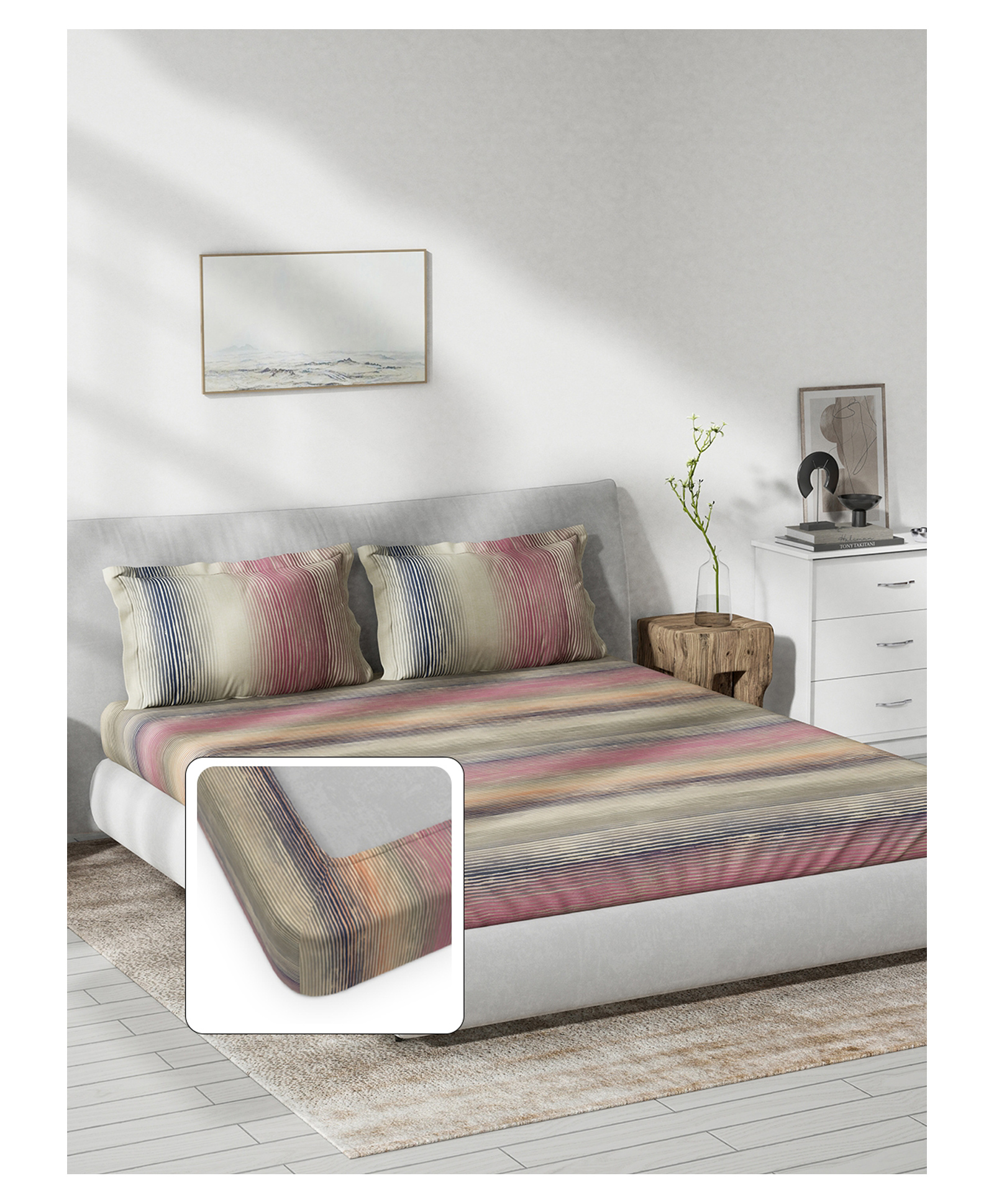 DDecor 100% Pure Cotton Abstract Striped 145TC King Fitted Bedsheet with 2 Pillow Covers - Purple-image-6