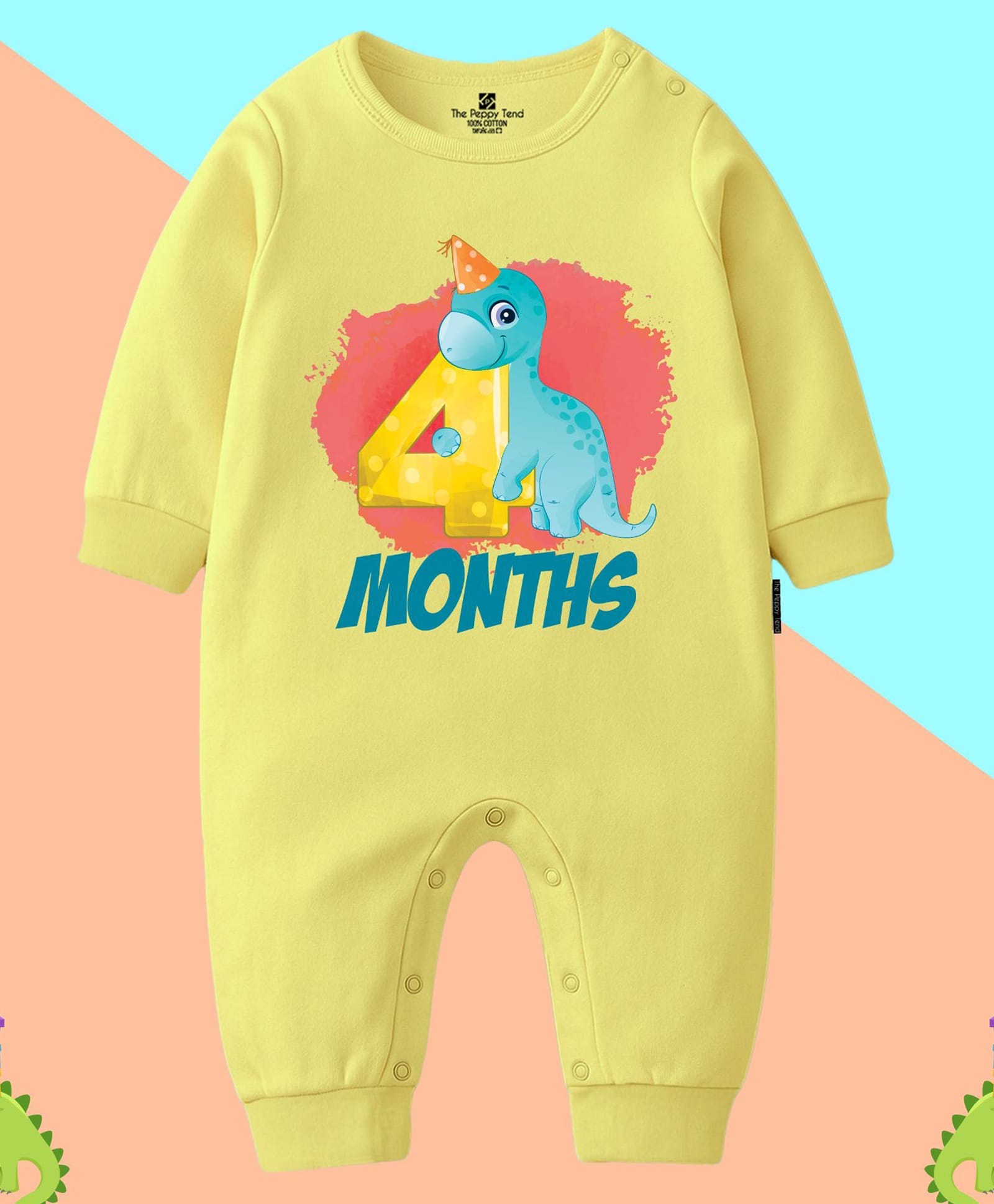 The Peppy Tend 100% Cotton Knit Full Sleeves 4 Months Text Printed Romper - Yellow-image-17