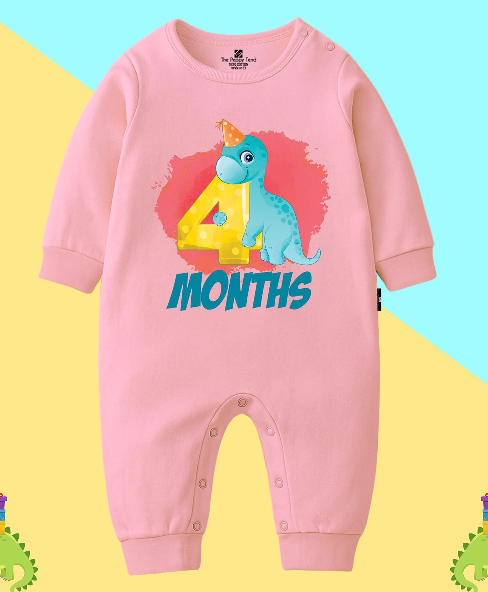 The Peppy Tend 100% Cotton Knit Full Sleeves 4 Months Text Printed Romper - Pink-image-3