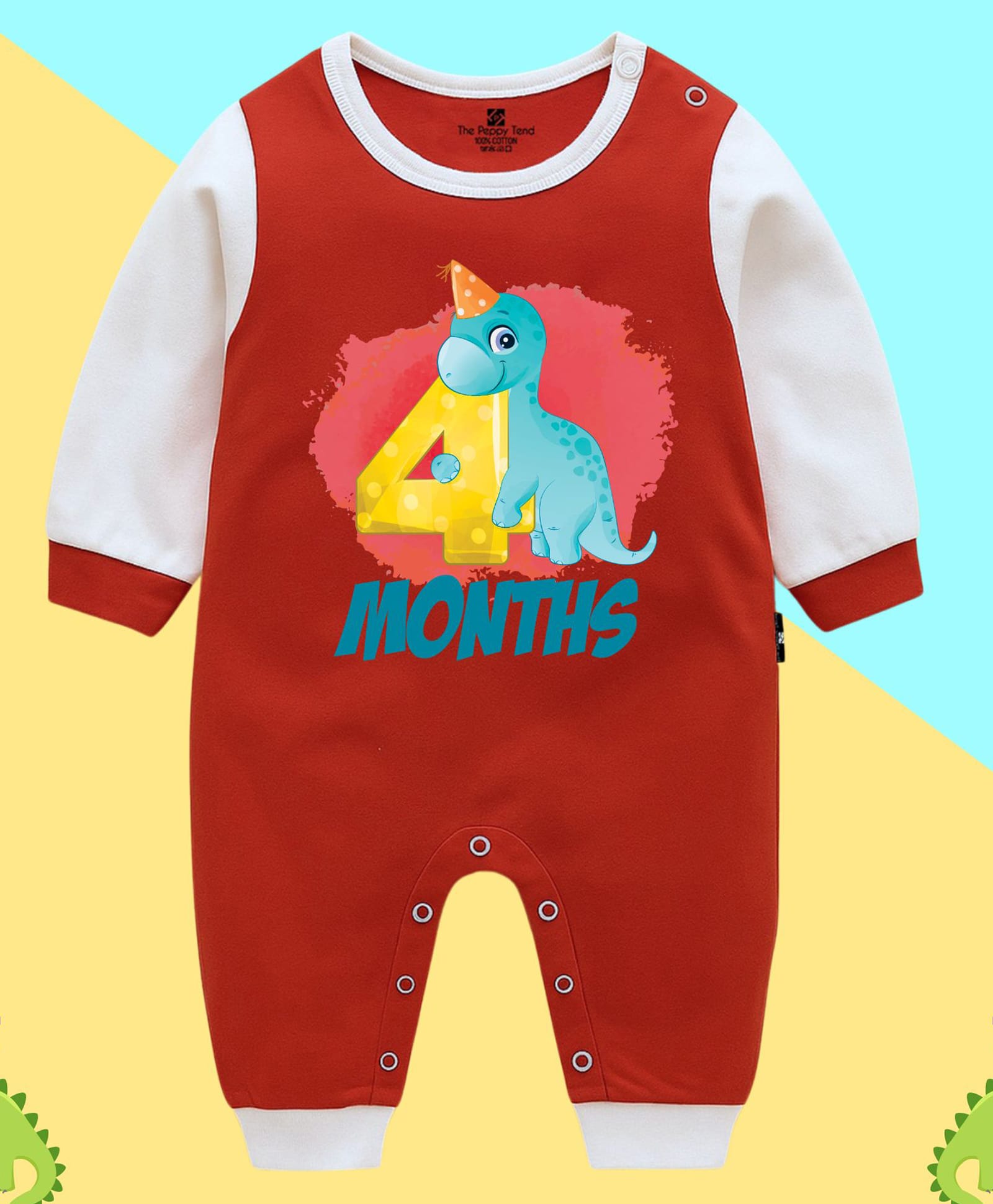The Peppy Tend 100% Cotton Knit Full Sleeves 4 Months Text Printed Romper - Red & White-image-49