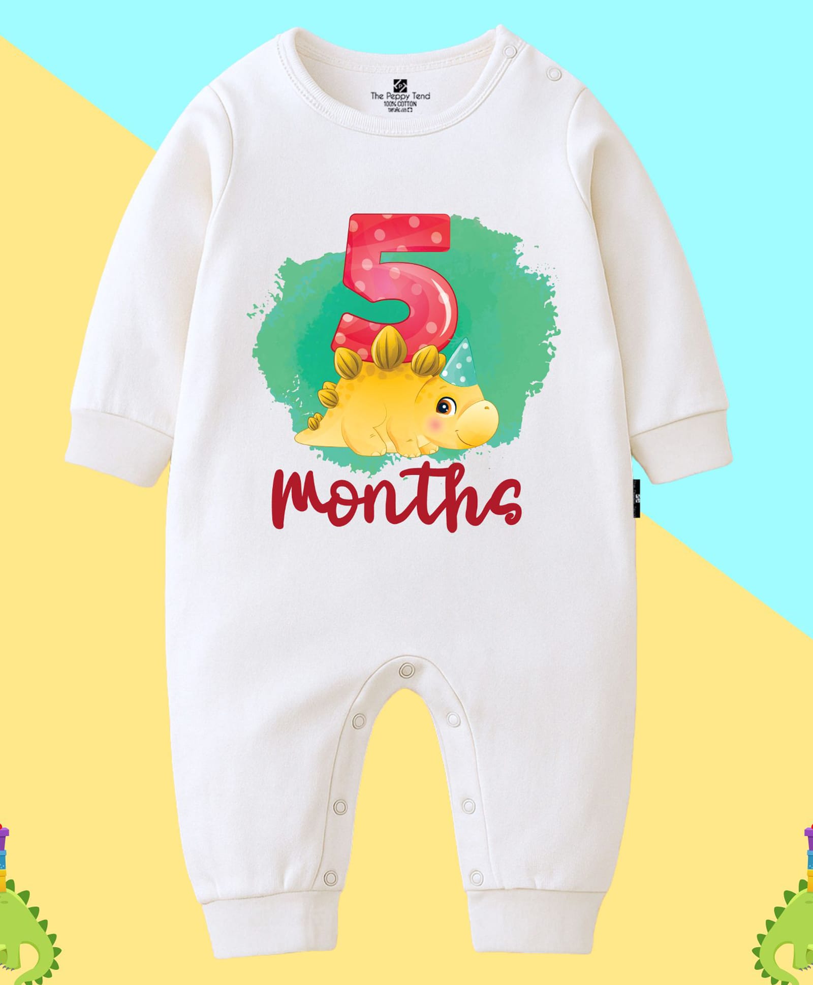The Peppy Tend 100% Cotton Knit Full Sleeves 5 Months Text Printed Romper - White-image-29