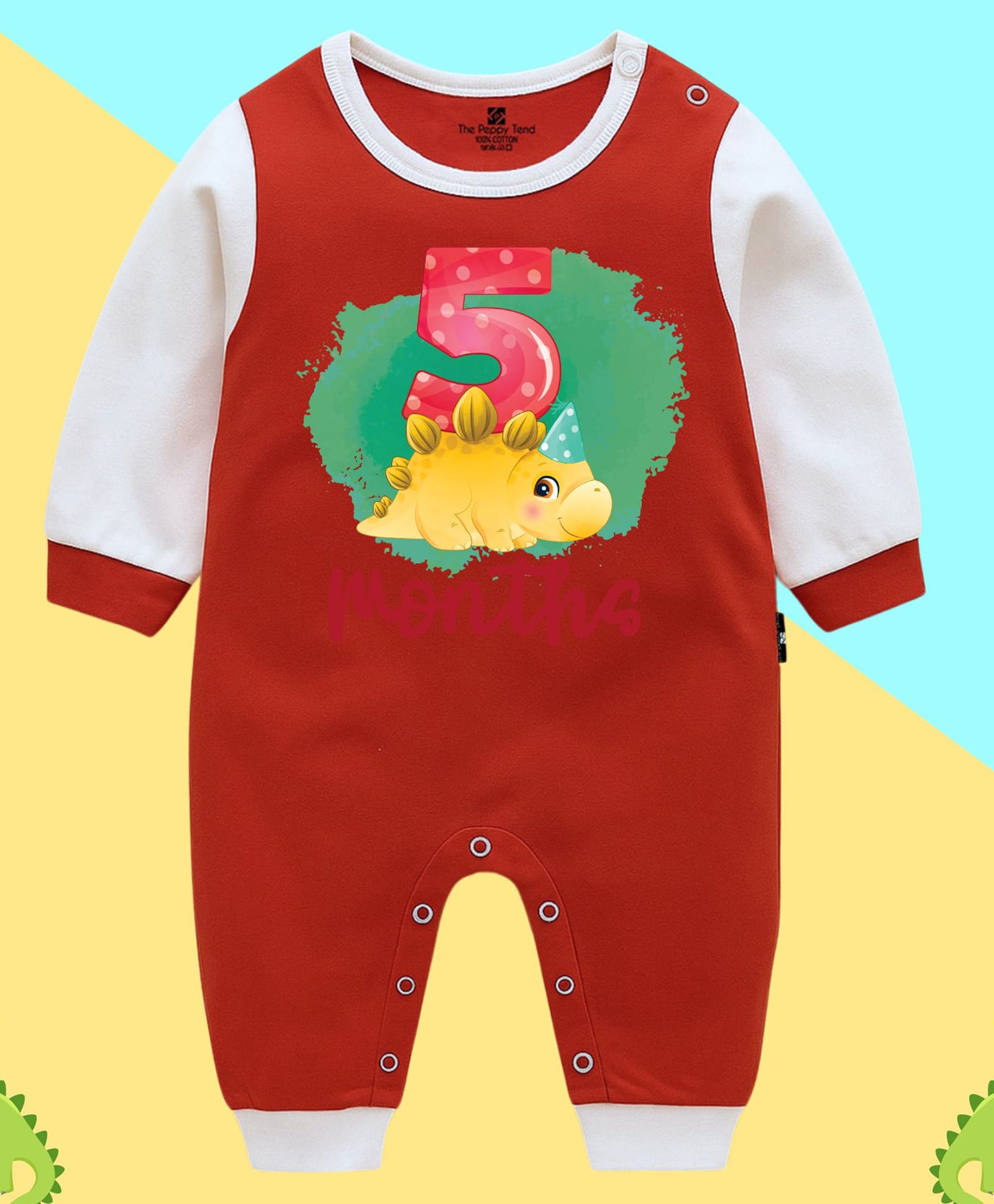 The Peppy Tend 100% Cotton Knit Full Sleeves 5 Months Text Printed Romper - White & Red-image-13