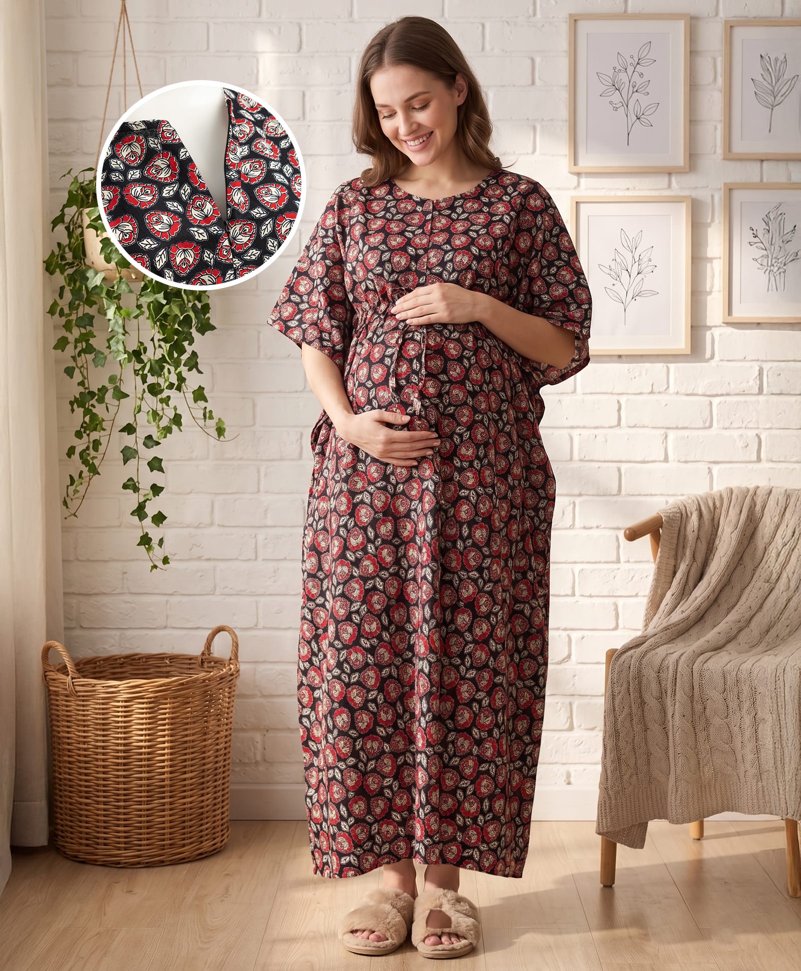 Bella Mama Cotton Woven Half Sleeves Kaftan Style Maternity Nighty Floral Print - Black-image-14