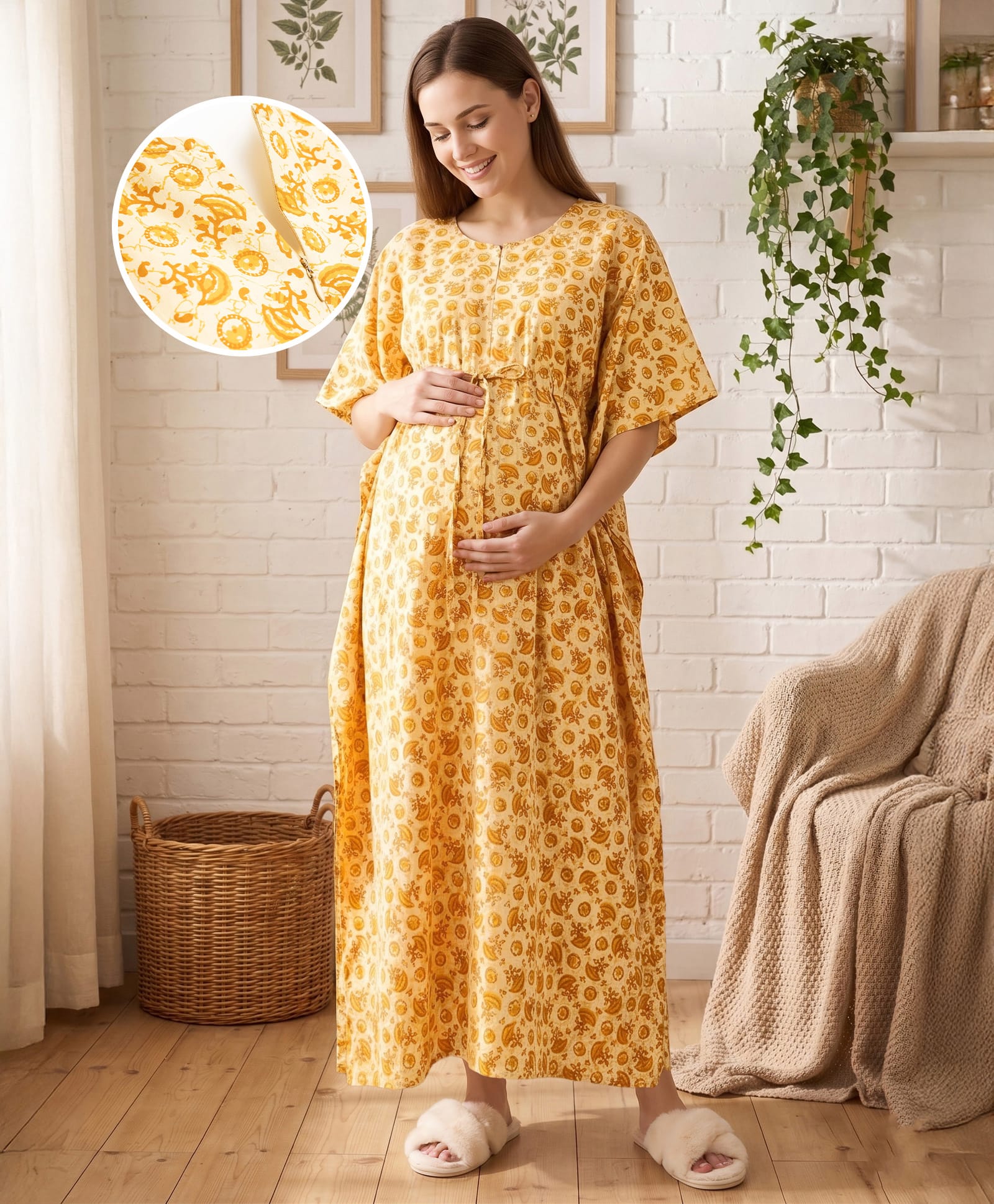 Bella Mama Cotton Woven Half Sleeves Floral Printed Maternity Nursing Kaftan - Beige-picture-30