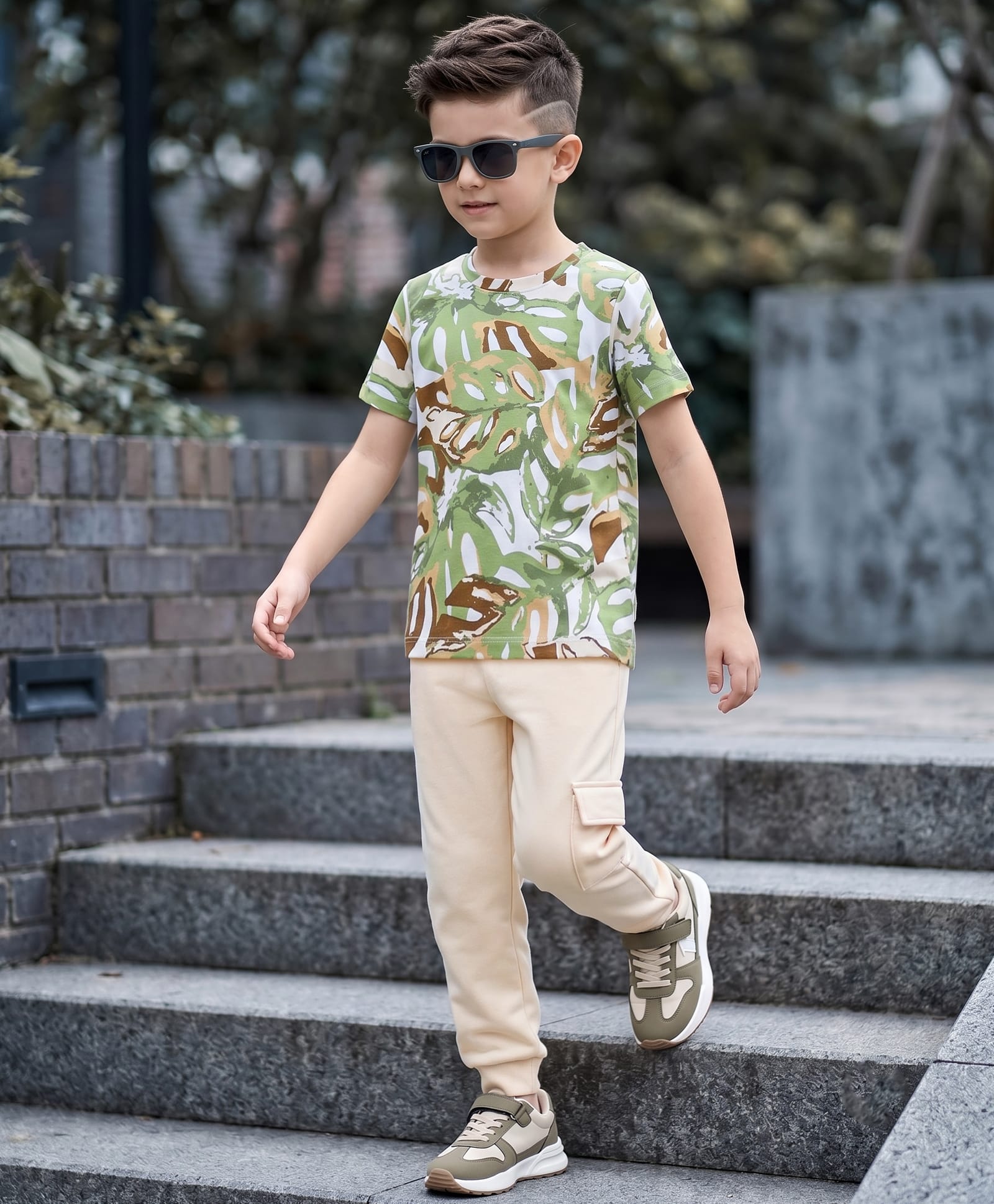 OLLINGTON ST. 100% Cotton Sinker Knit Half Sleeves Tropical Theme Printed T-Shirt & Knit Jogger Set - Green & Beige-picture-15