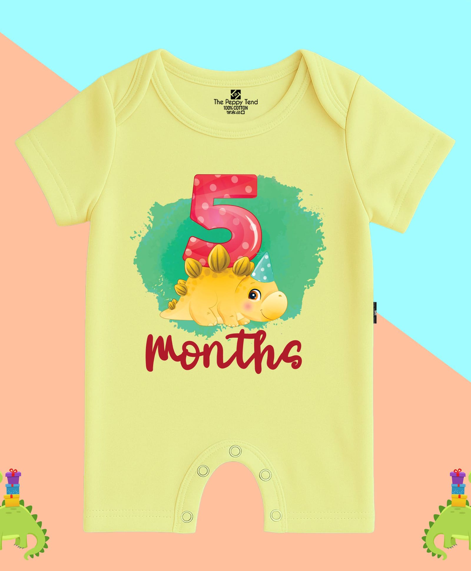 The Peppy Tend 100% Cotton Knit Half Sleeves 5 Months Text Printed Romper - Yellow-image-43