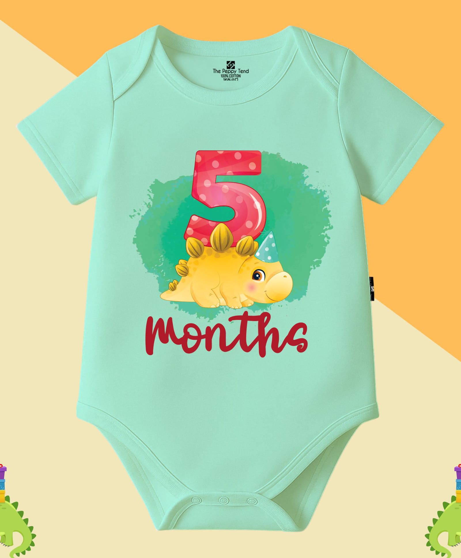 The Peppy Tend 100% Cotton Knit Half Sleeves 5 Months Text Printed Onesie - Sea Green-image-8