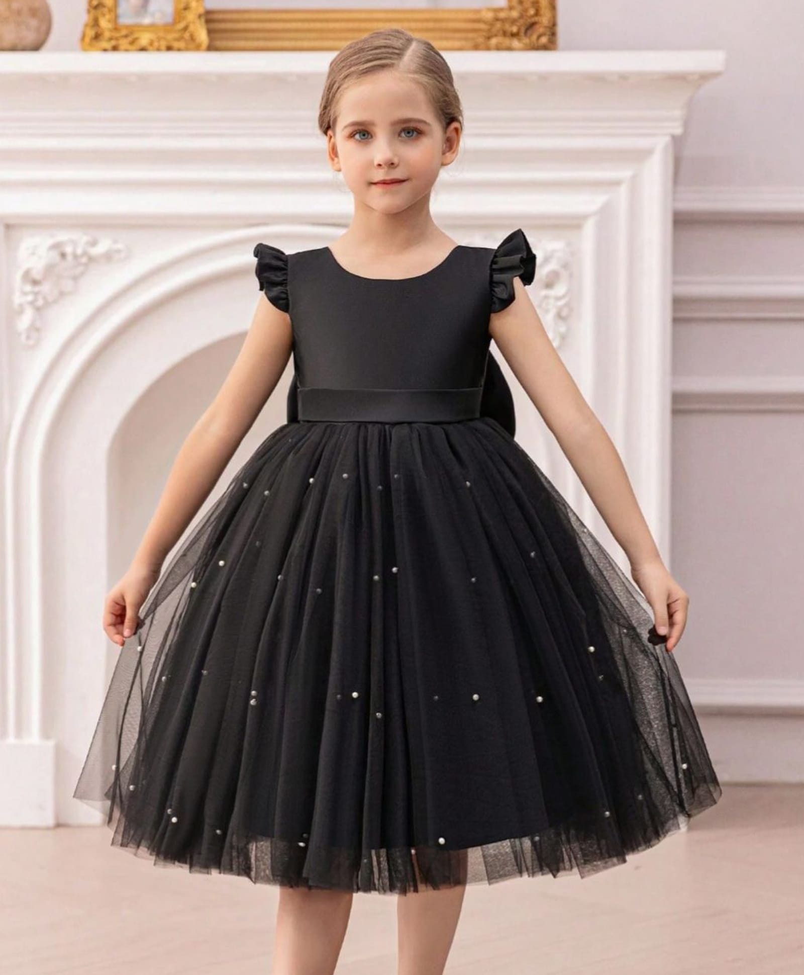 The Kids Club Cotton Blend Knit Frill Sleeves Pearls Embellished Bow Applique Detailed Dress - Black-picture-15