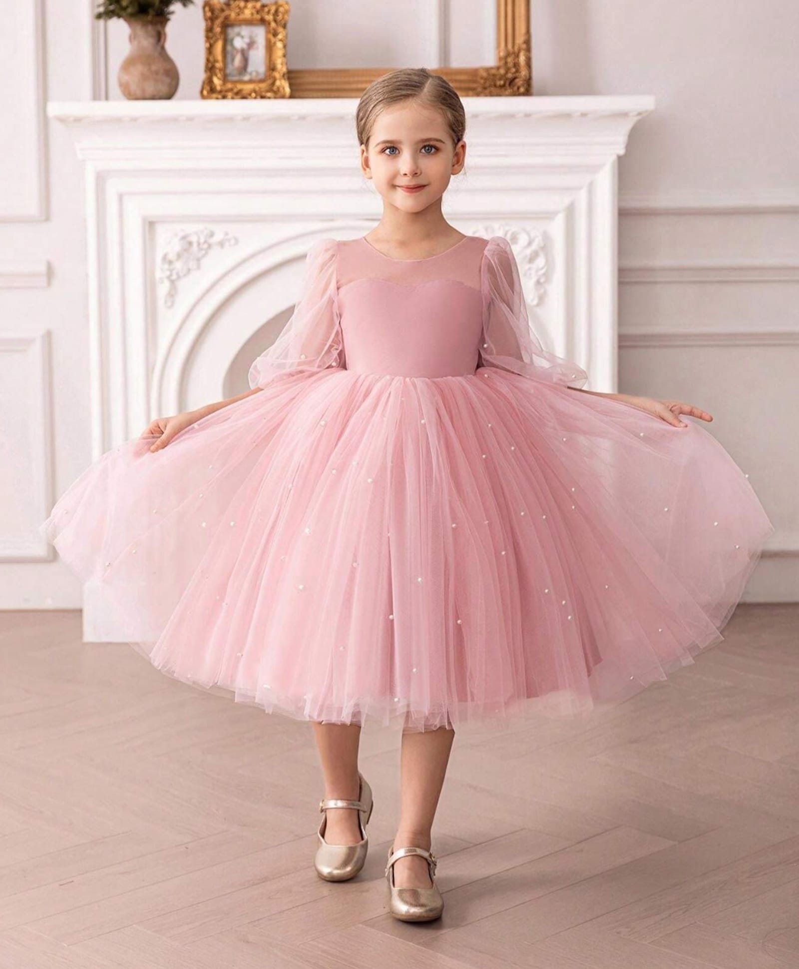 The Kids Club Cotton Blend Knit Three Fourth Puffed Sleeves Pearls Embellished Tulle Dress - Pink-picture-30