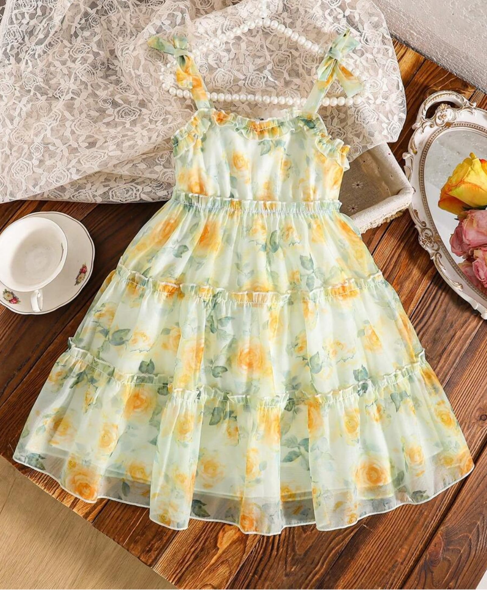 The Kids Club Cotton Blend Woven Sleeveless Floral Printed Tiered Dress - Yellow-picture-13