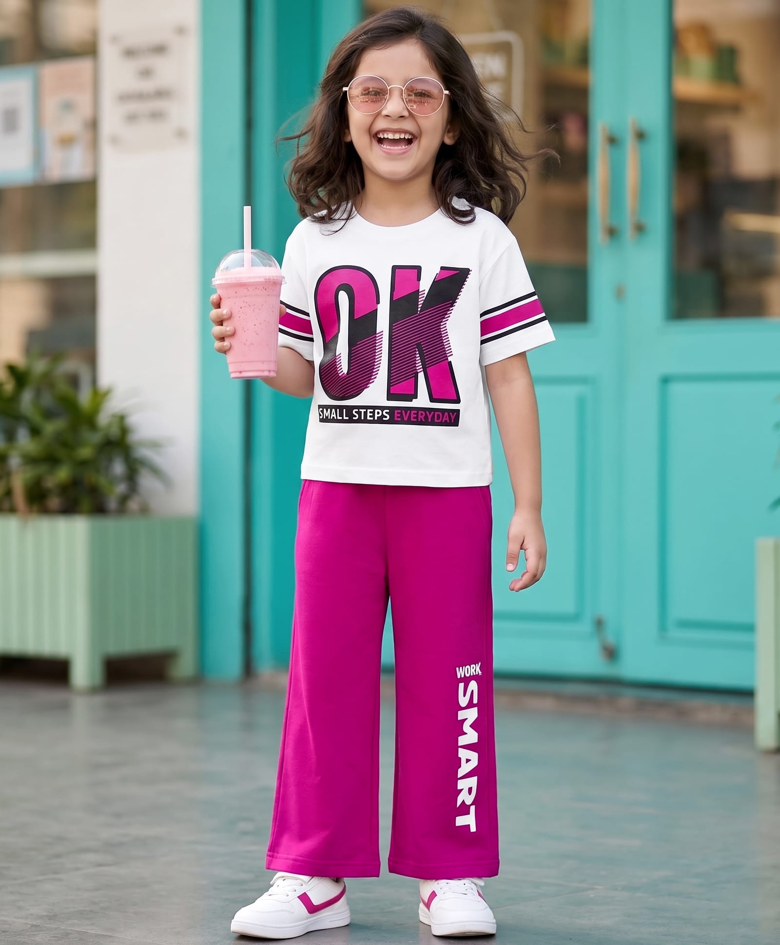 OLLINGTON ST. Set Of Cotton Knit Half Sleeves Text Printed Top & Pant Set - Dark Pink & White-picture-15
