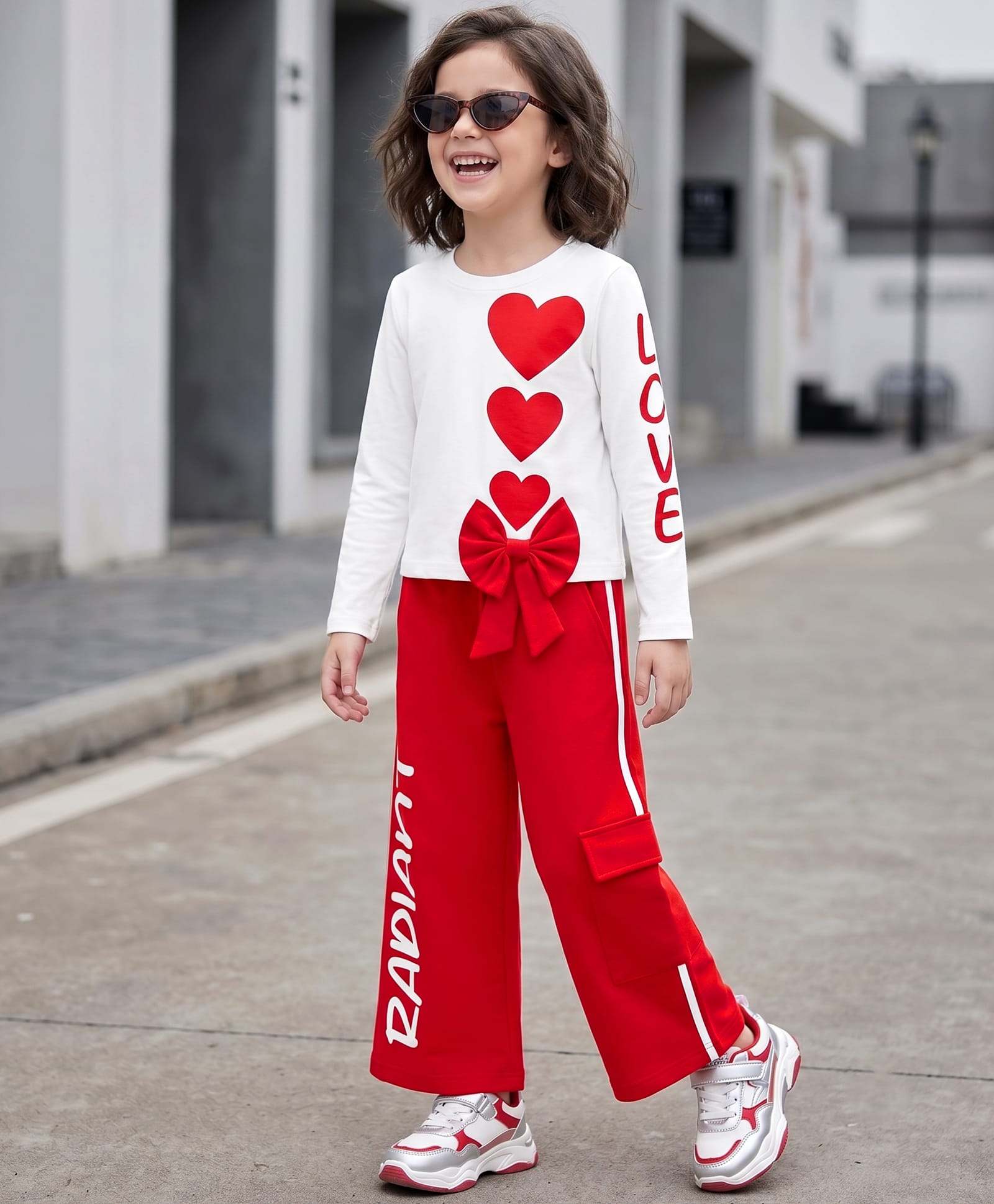 Ollington St. Single Jersey Knit Full Sleeves Heart Printed Top with Bow Applique & Pant Set - Red & White-image-31