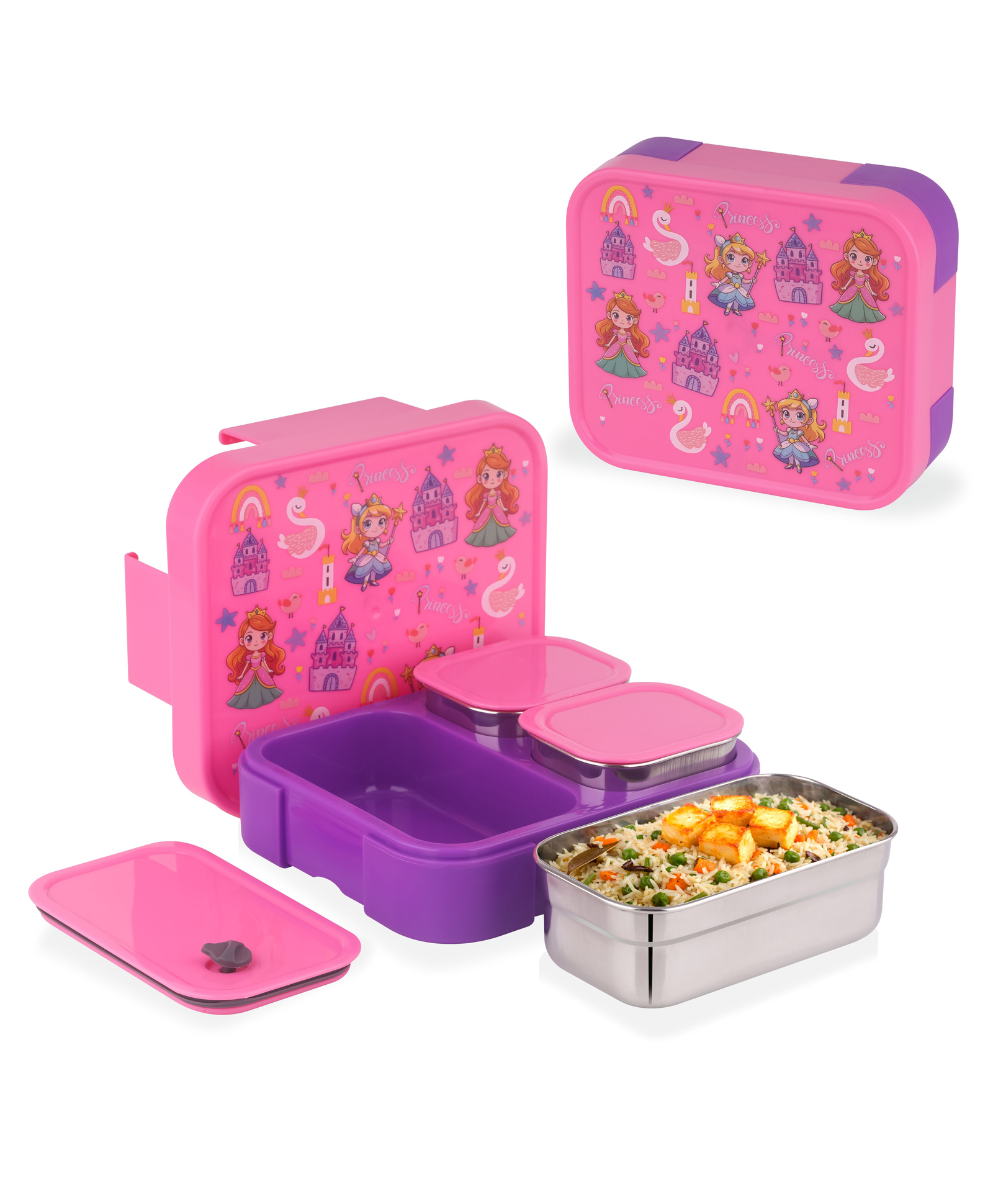 ATTRO Admire Deluxe 3 Compartments Stainless Steel Lunch Box Labubu Print 800 ml - Dark Pink-picture-37