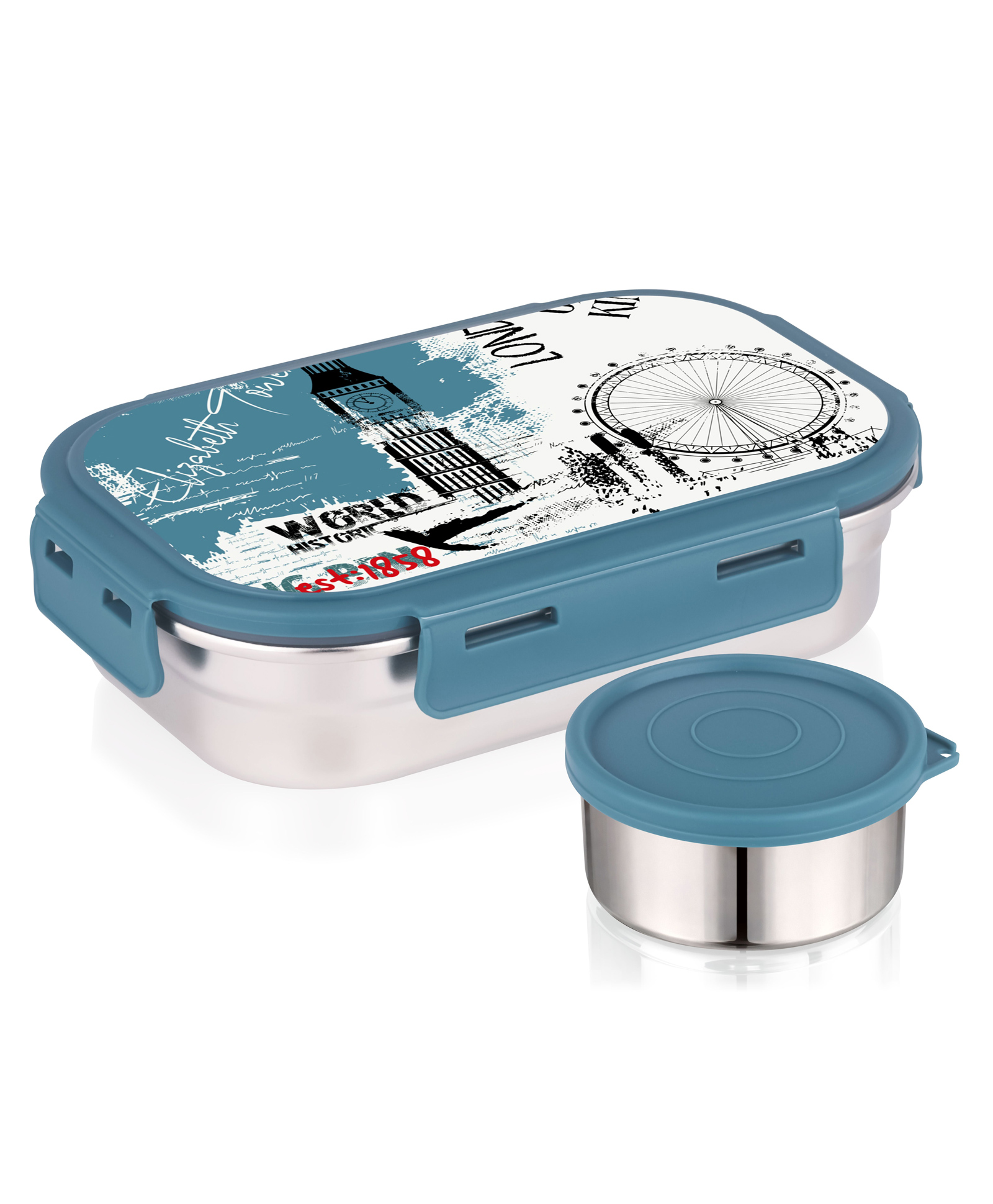 ATTRO Easy Bite Stainless Steel Lunch Box 650 & 150 ml Airtight Leak Proof 4 Lock Lid London Journey - Teal Blue-picture-26