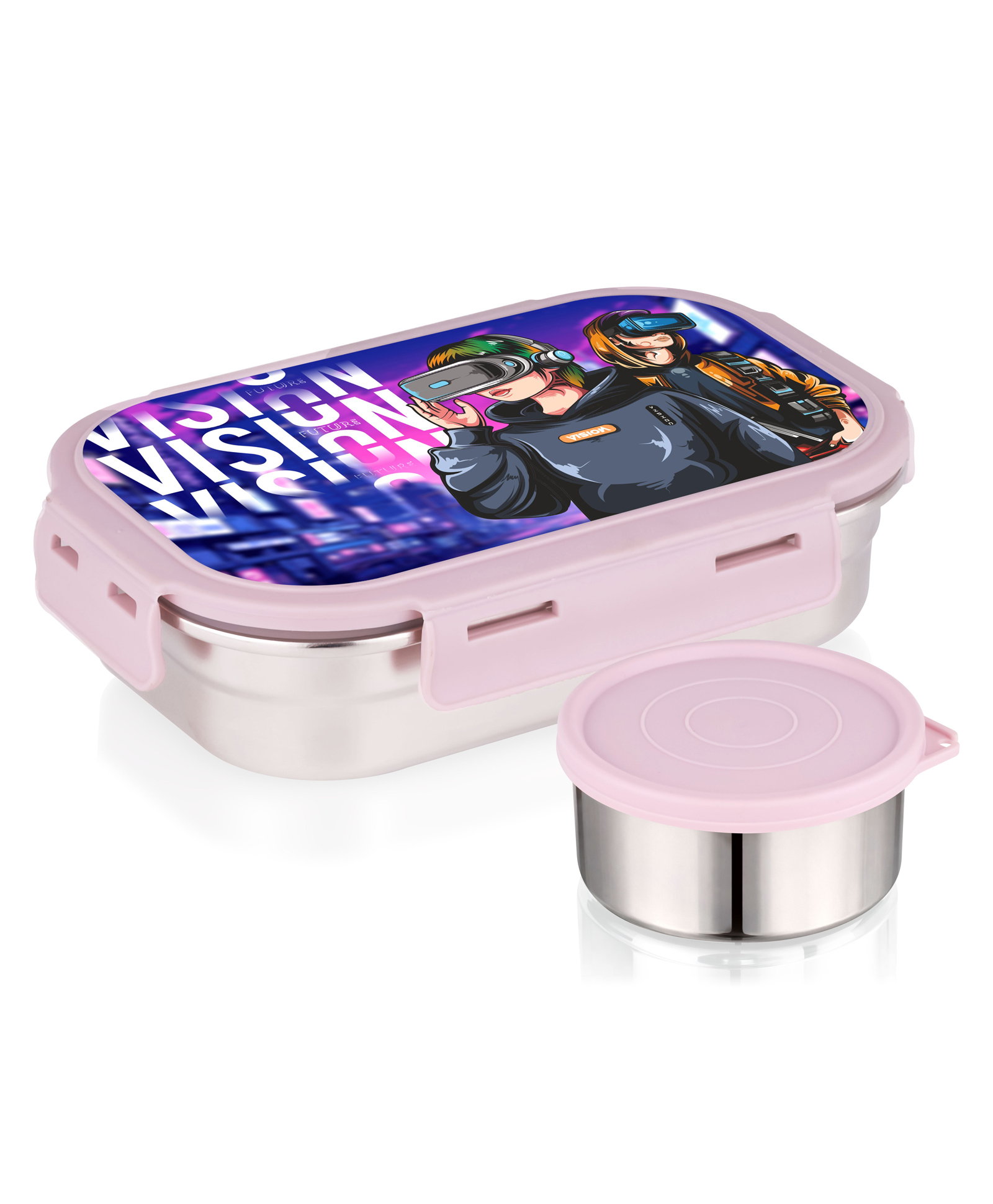ATTRO Easy Bite Stainless Steel Lunch Box 650 & 150 ml Airtight Leak Proof 4 Lock Lid VR Gaming - Peach-picture-15