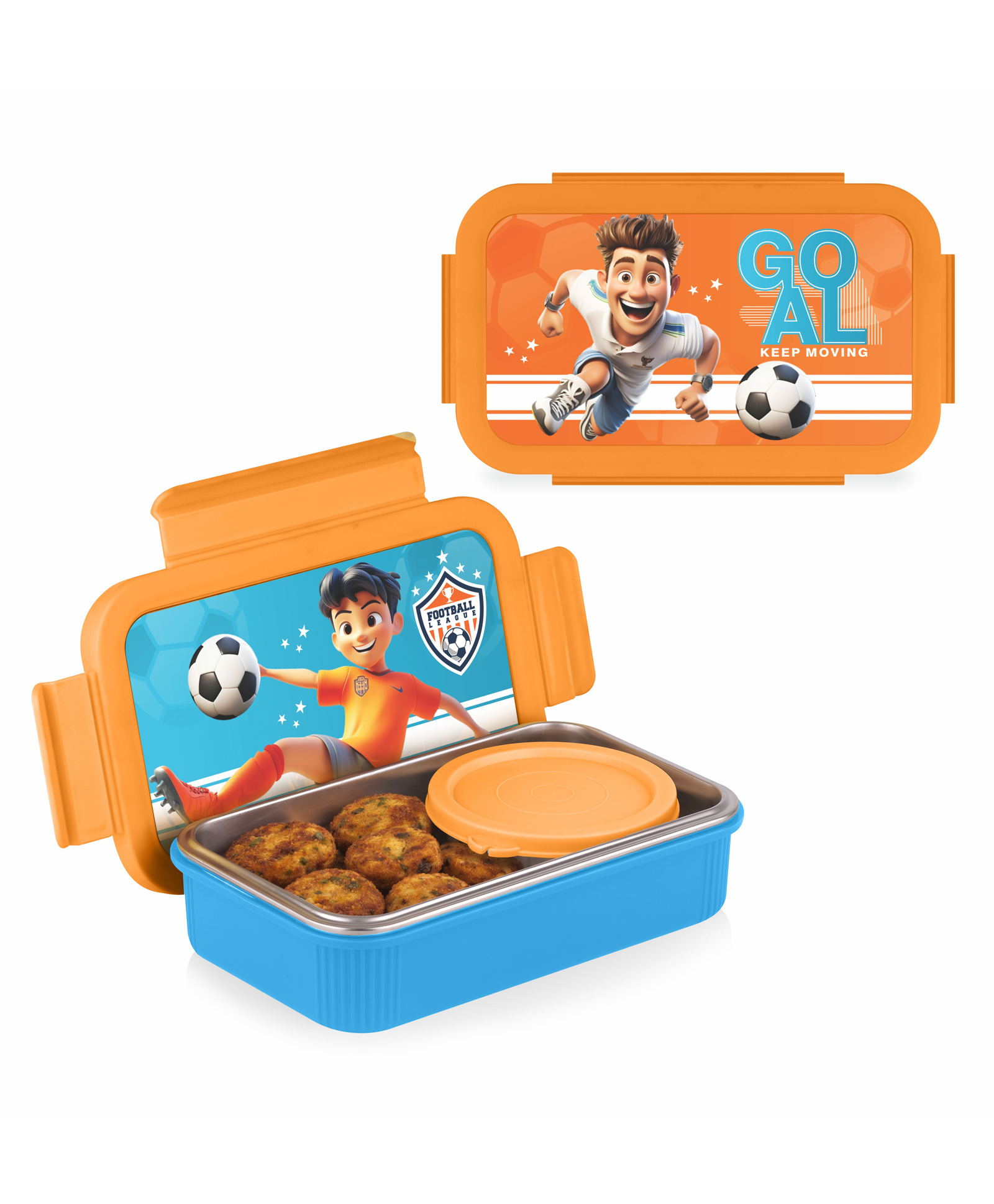 ATTRO Treat Time Steel Airtight Leak Proof 4 Lock Football Champ Print Lunch Box 560 & 150 ml- Orange-picture-4