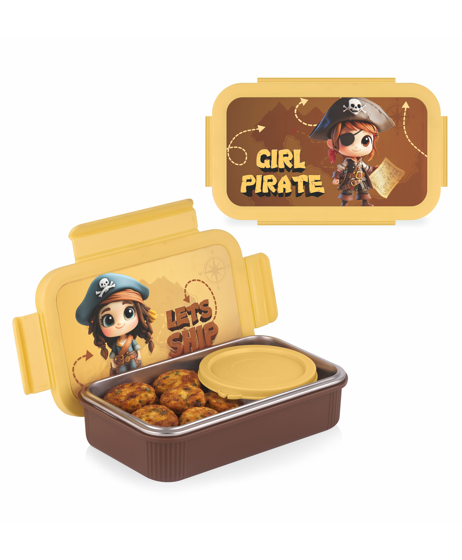 ATTRO Treat Time Steel Airtight Leak Proof 4 Lock Girl Pirate Print Lunch Box 560 & 150 ml- Cream-picture-5