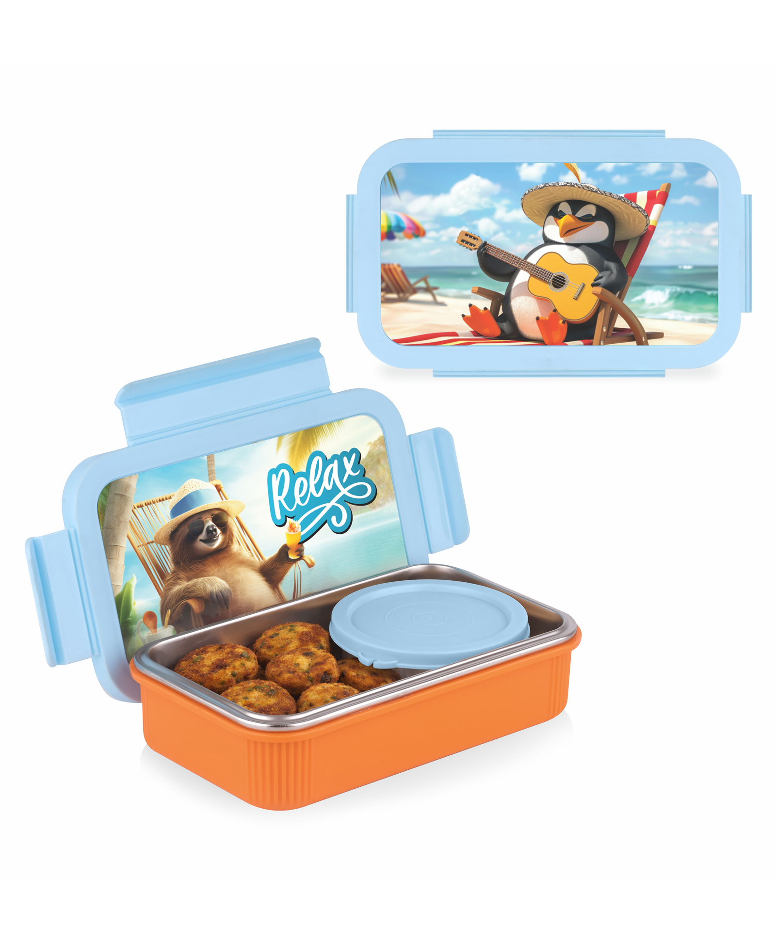 ATTRO Treat Time Steel Airtight Leak Proof 4 Lock Lid Relax Bear Print Lunch Box 560 & 150 ml- Sky-picture-2