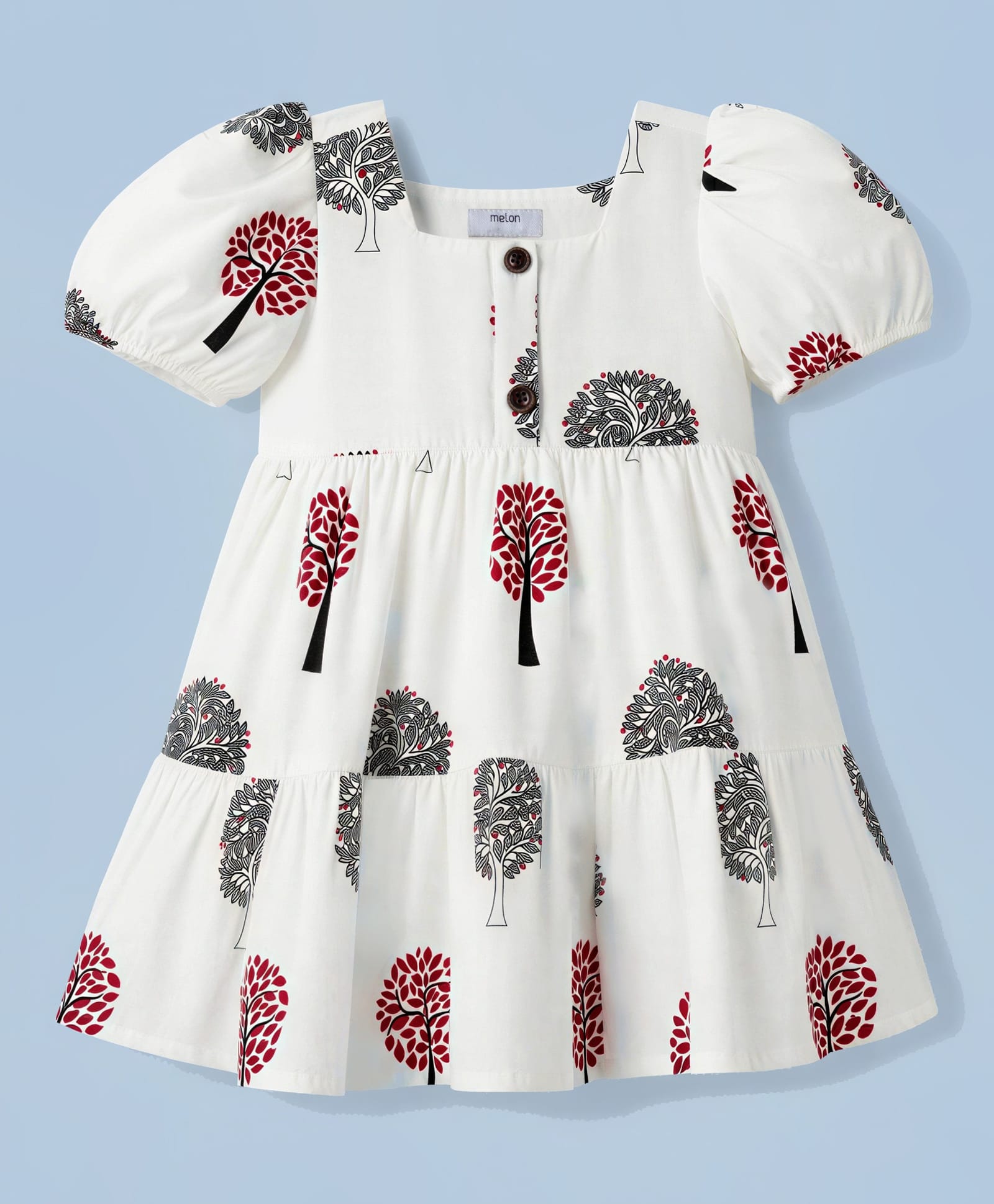 Melon Cotton Woven Half Sleeves Frock With Tropical Print - Red-picture-11