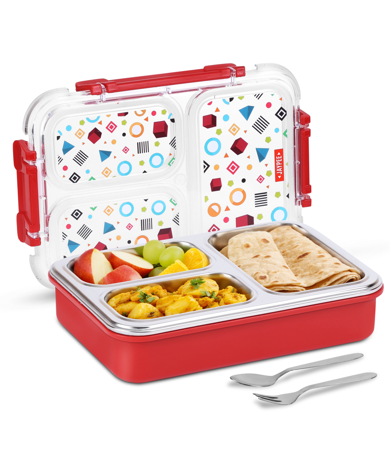 Jaypee Exteel PU Insulated Inner Stainless Steel 3 Compartment Printed Lunch Box for School Kids, 600ml Red-image-6