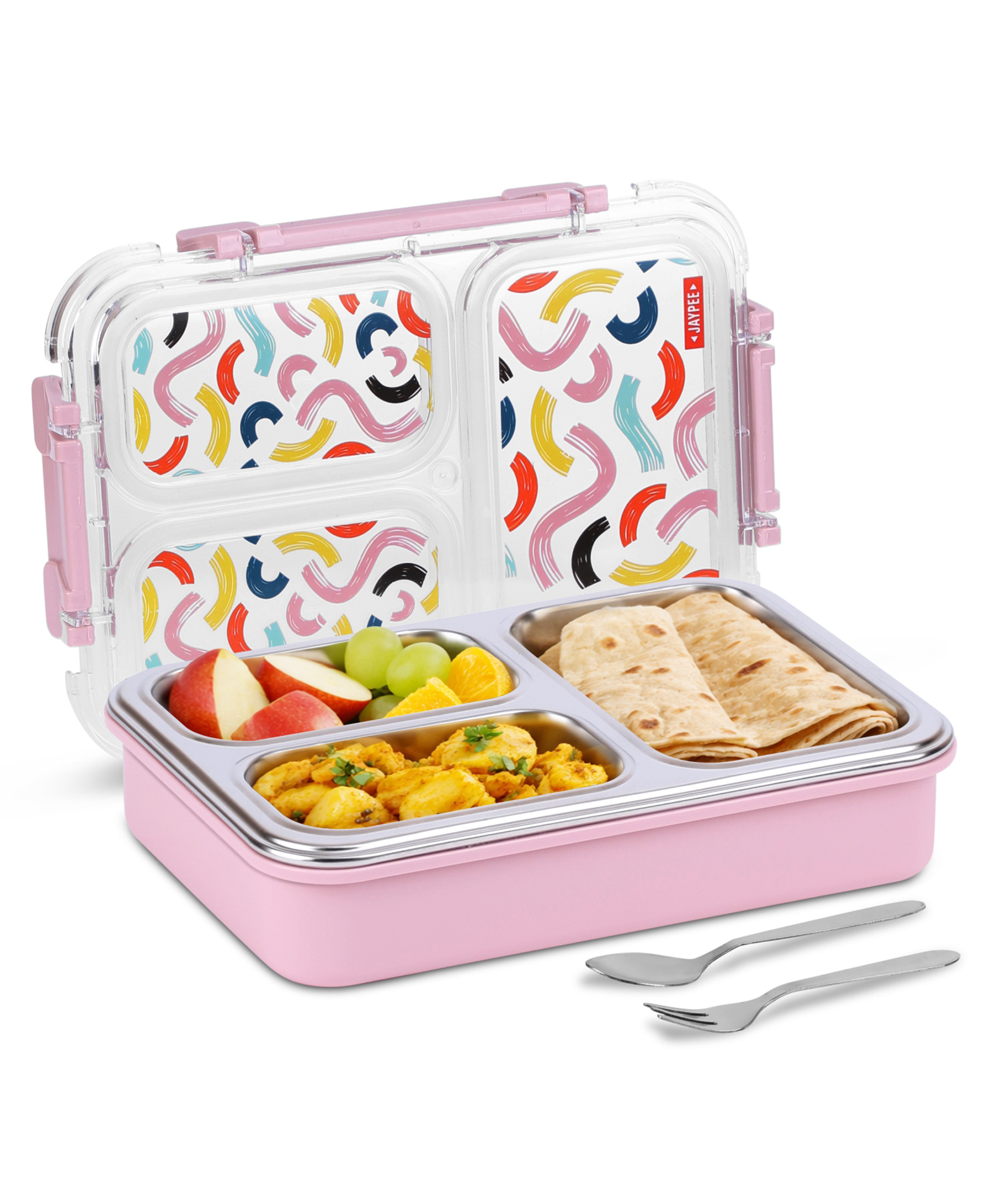 Jaypee Exteel PU Insulated Inner Stainless Steel 3 Compartment Printed Lunch Box for School Kids, 600ml Pink-picture-29