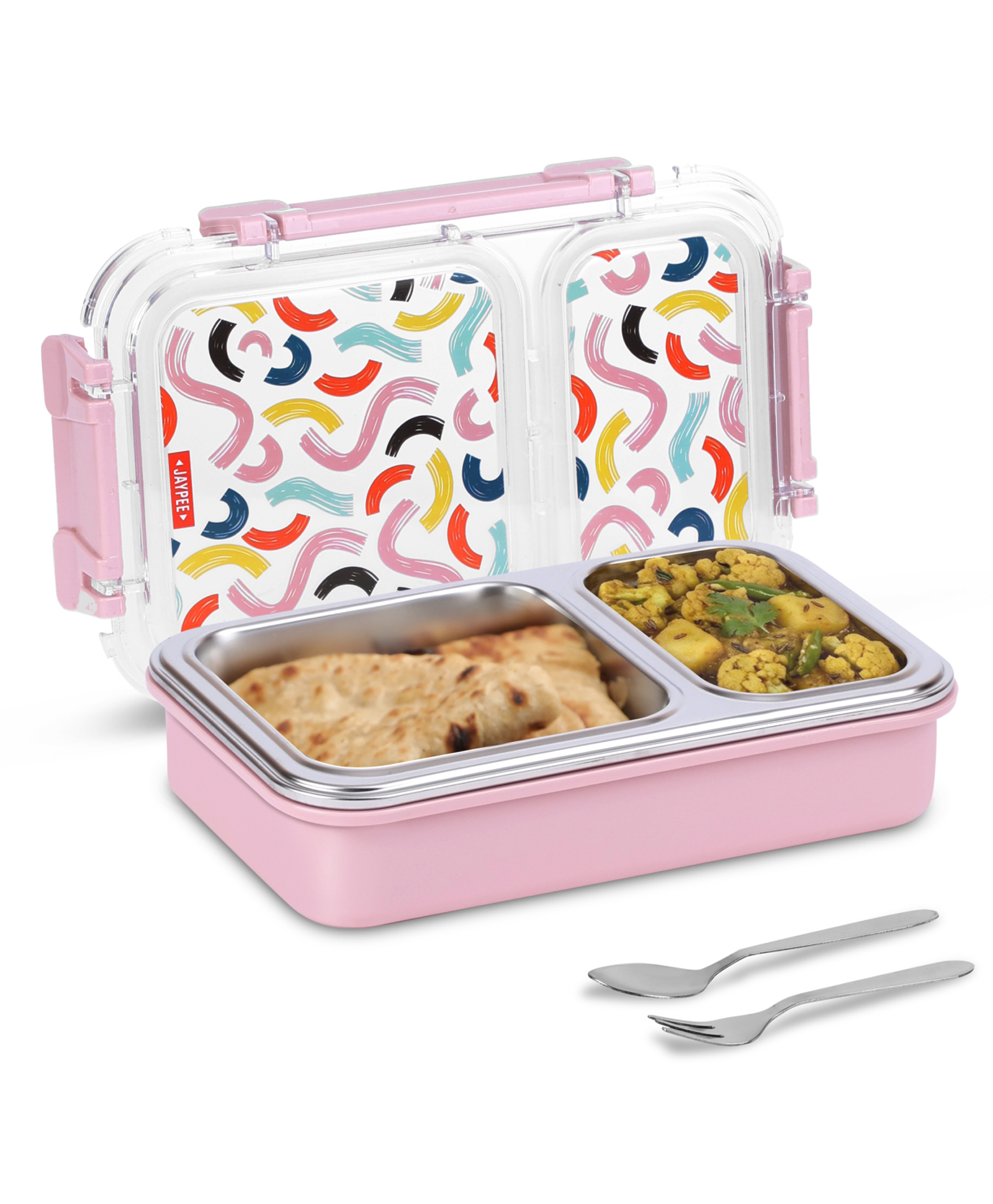 Jaypee Steelox PU Insulated Stainless Steel 2 Compartment Printed Lunch Box for School Kids, 600ml Pink-picture-47