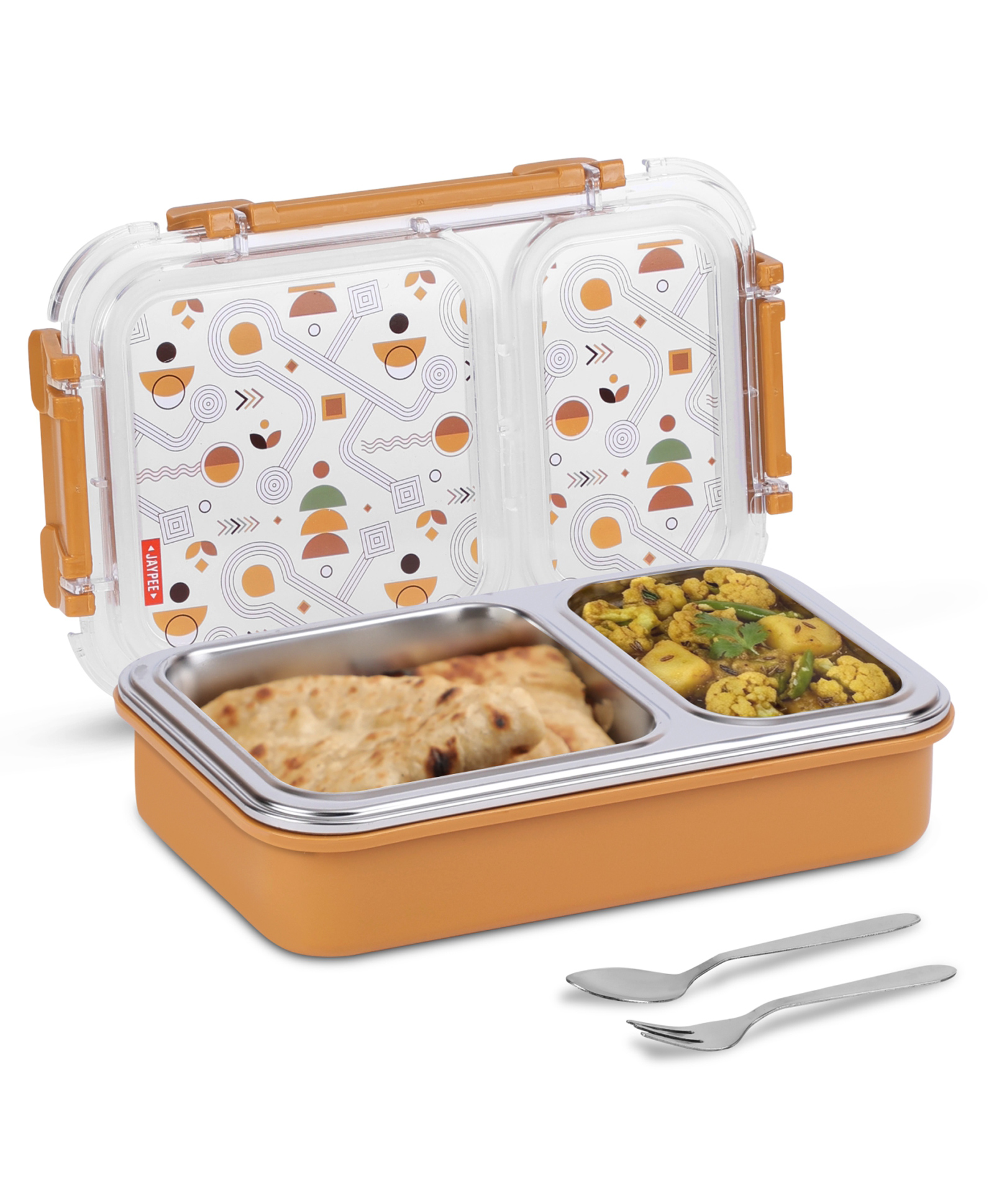 Jaypee Steelox PU Insulated Stainless Steel 2 Compartment Printed Lunch Box for School Kids, 600ml Terracotta-image-36