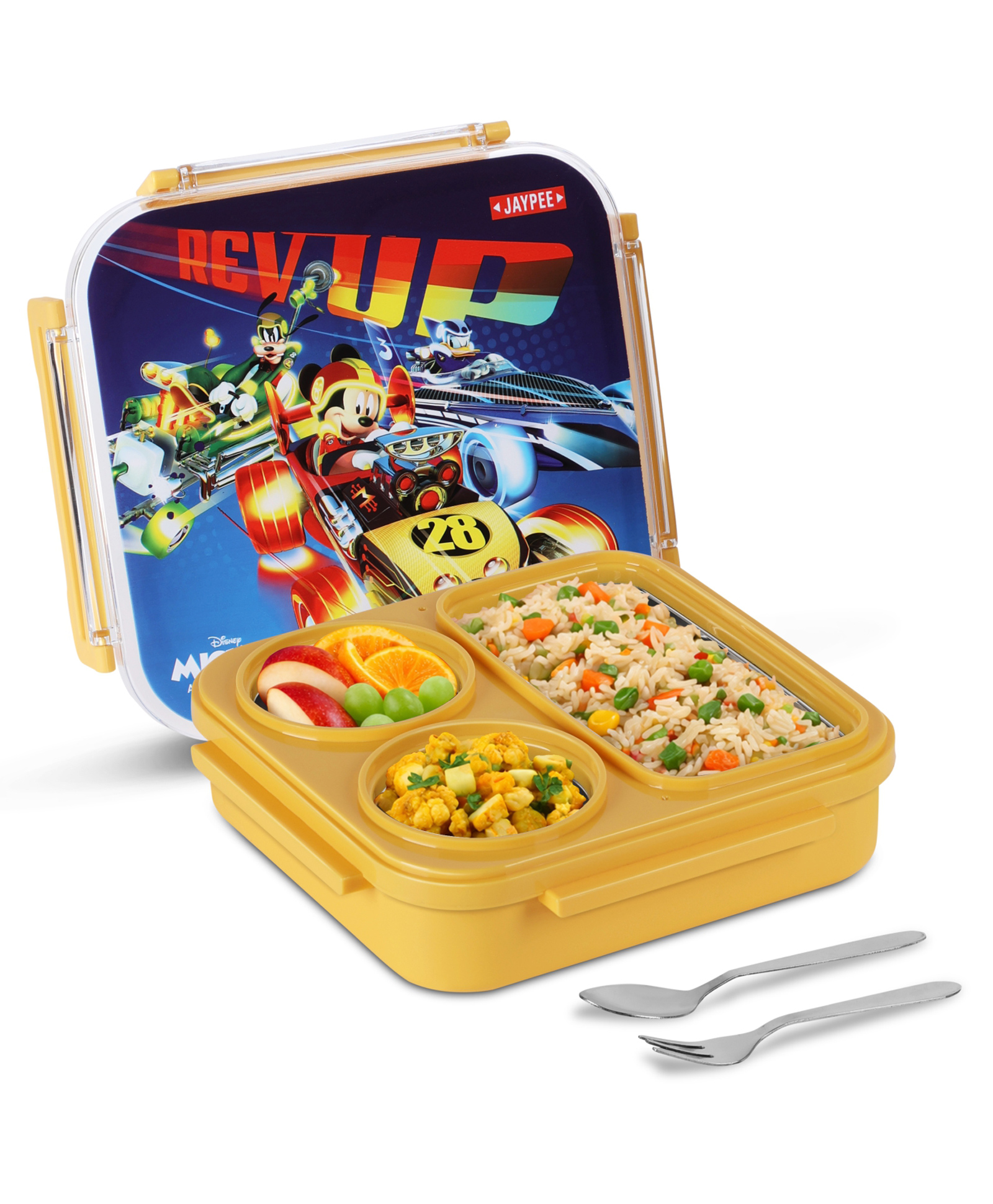 Jaypee Quadra PU Insulated Inner Stainless Steel 3 Compartment Cartoon Printed Lunch Box for Kids, 710ml Yellow-image-5