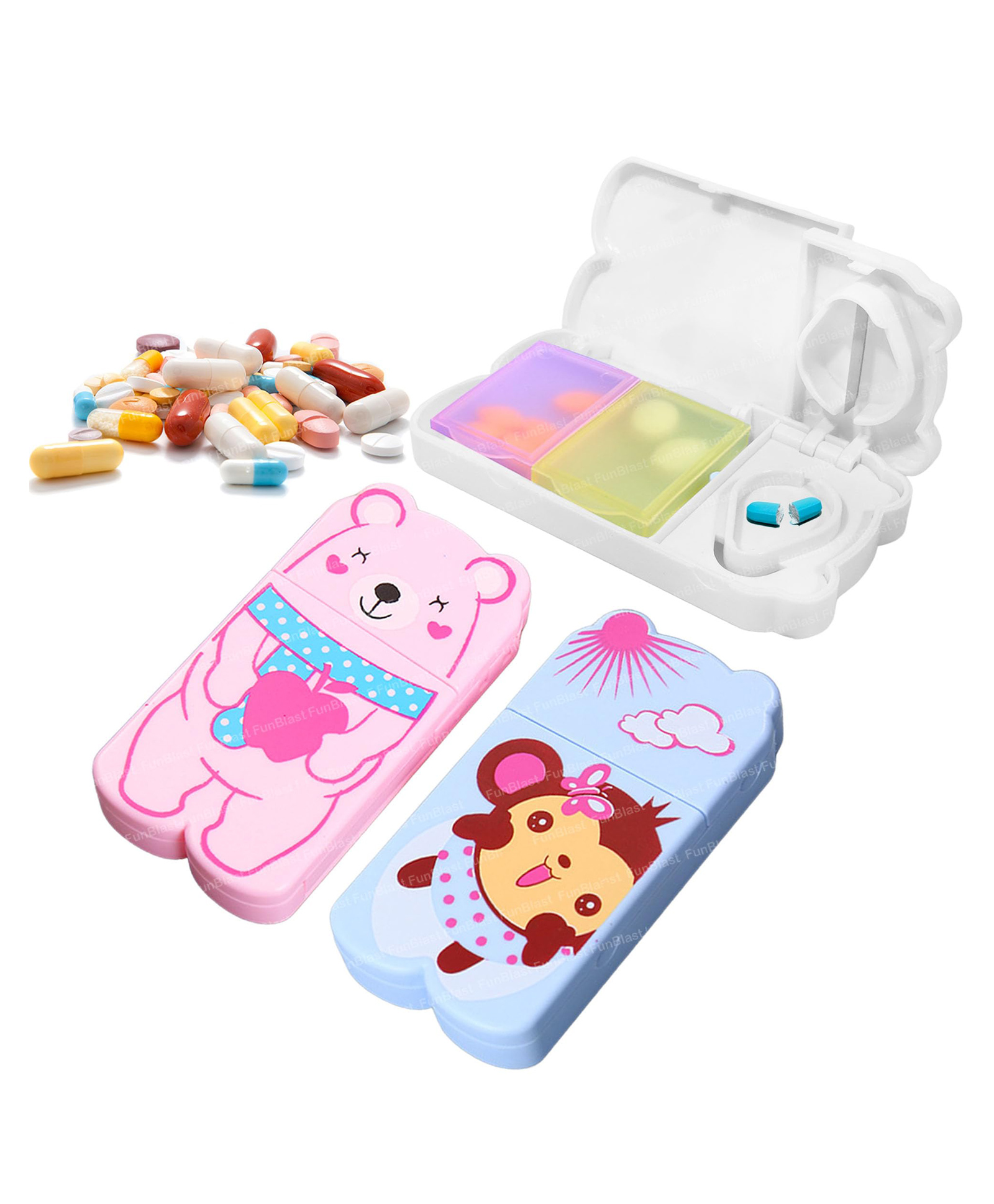 FunBlast Cute Medicine Box 2 in 1 Pill Case with Cutter & 2 Separate Compartments Pack of 3 Pcs-picture-19