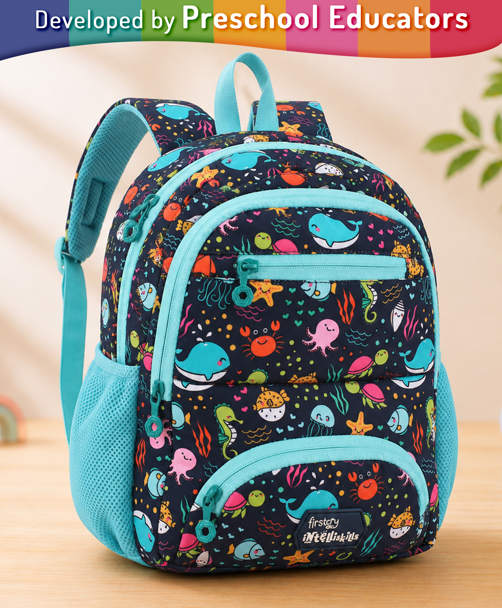 Intelliskills 13.5 Inches Ocean Pals Backpack for Kids | Premium Quality School Bag | Multicoloured | Lightweight, Durable Water-Resistant Fabric & Smooth Zippers | Ideal For Gifting