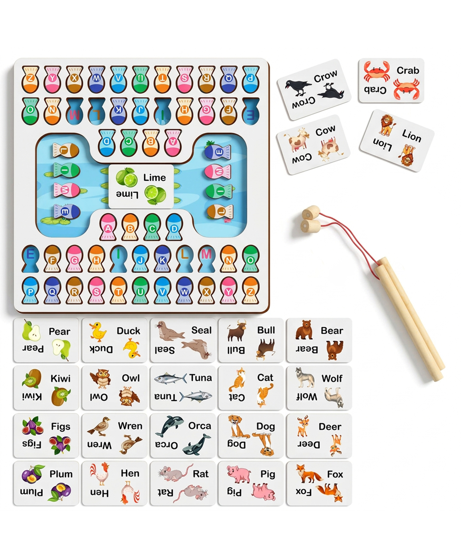 BitFeex Wooden Alphabet Fishing Game for Kids with A-Z Letters & Animal/Fruit Cards | Montessori Learning Educational Toy with Fishing Rod | Early Learning Puzzle Board for Toddlers-image-29
