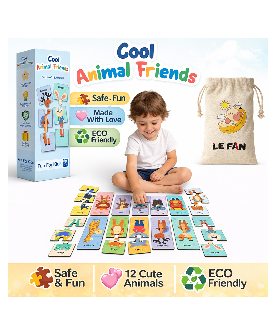 BitFeex Cool Animal Friends Wooden Jigsaw Puzzle for Kids 12 Animal Matching Puzzles with 36 Pieces | Educational Learning Toy for Toddlers & Preschool Kids-picture-39