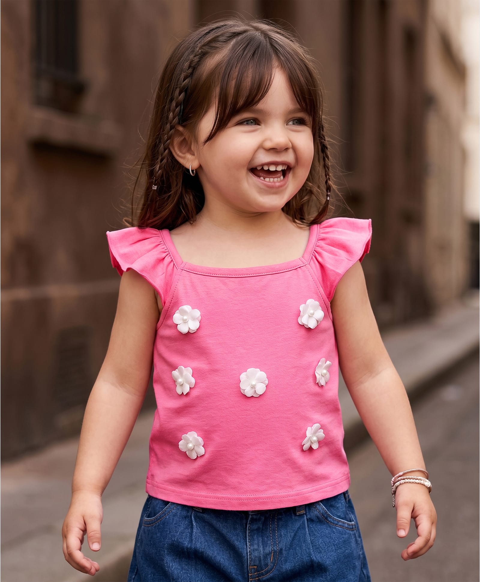 Babyoye Single Jersey Knit Frill Sleeves Top with Floral Applique - Pink-picture-10