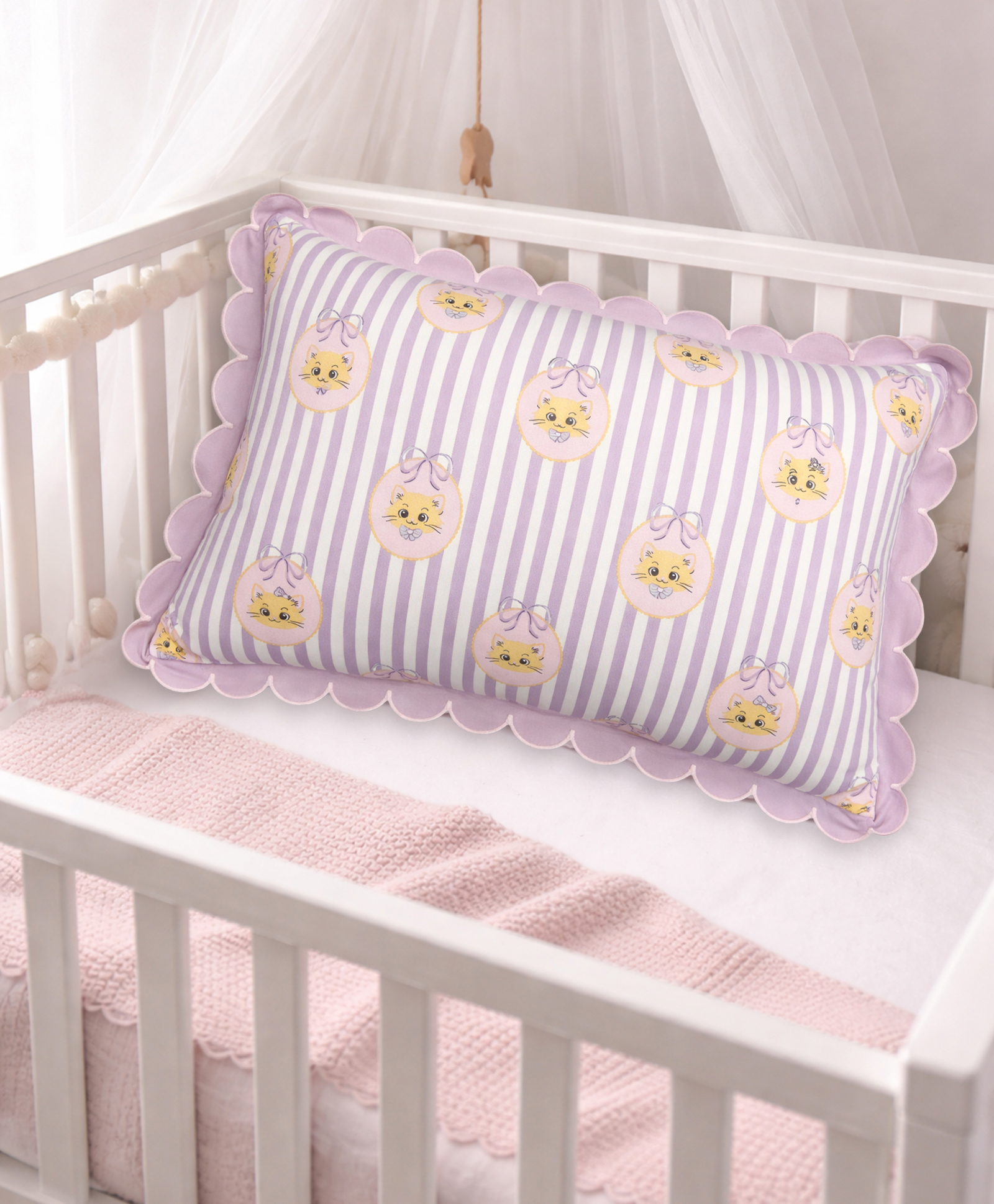 Mi Arcus Soft 100% Cotton Filling 100% Polyester Adorable Cat Face Printed Pillow- Lavender-image-16