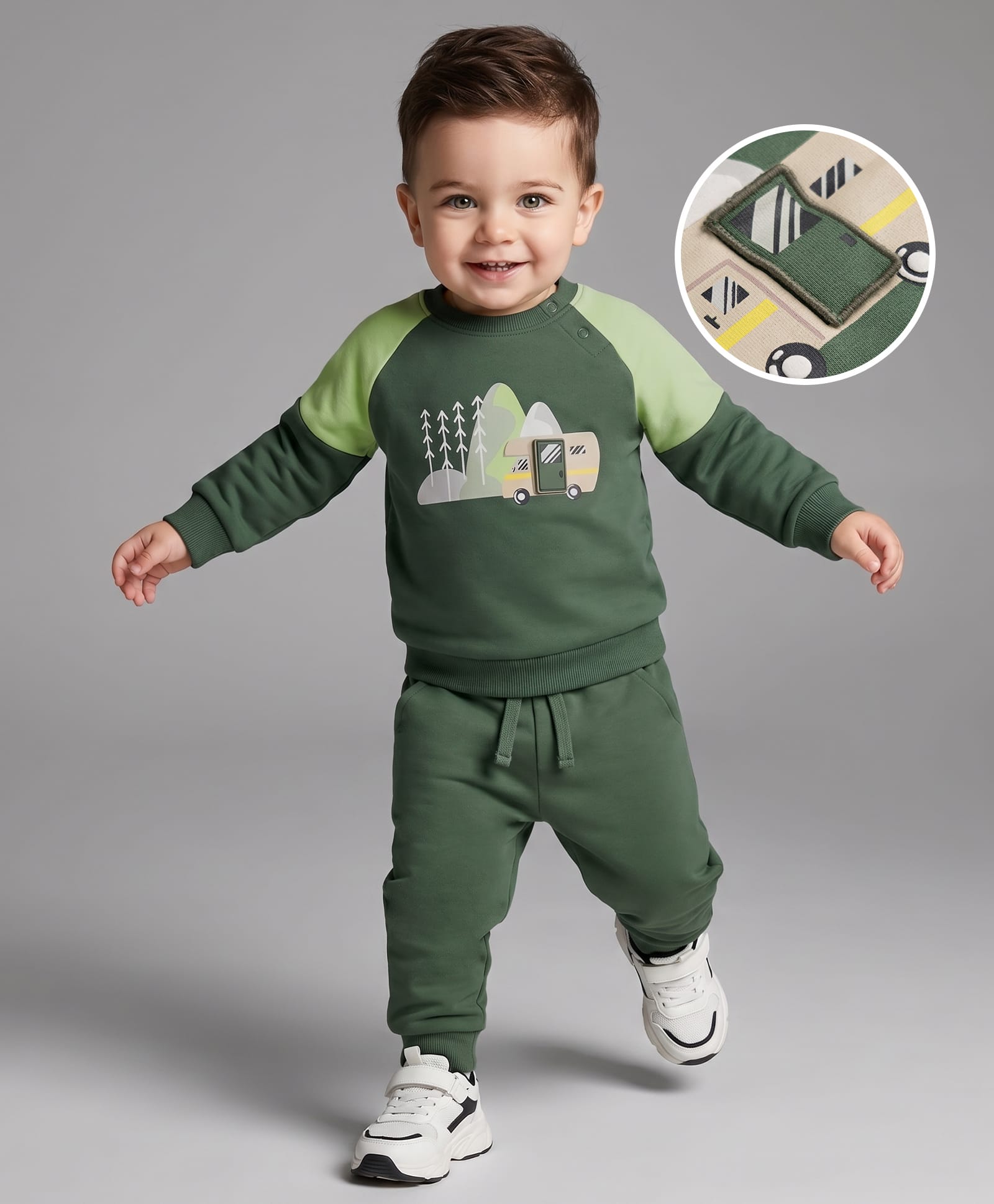 Babyoye 100% Cotton Terry Knit Heavy Gauge Three Thread Terry Full Raglan Sleeves Printed Sweatshirt & Joggers Set - Green-image-36
