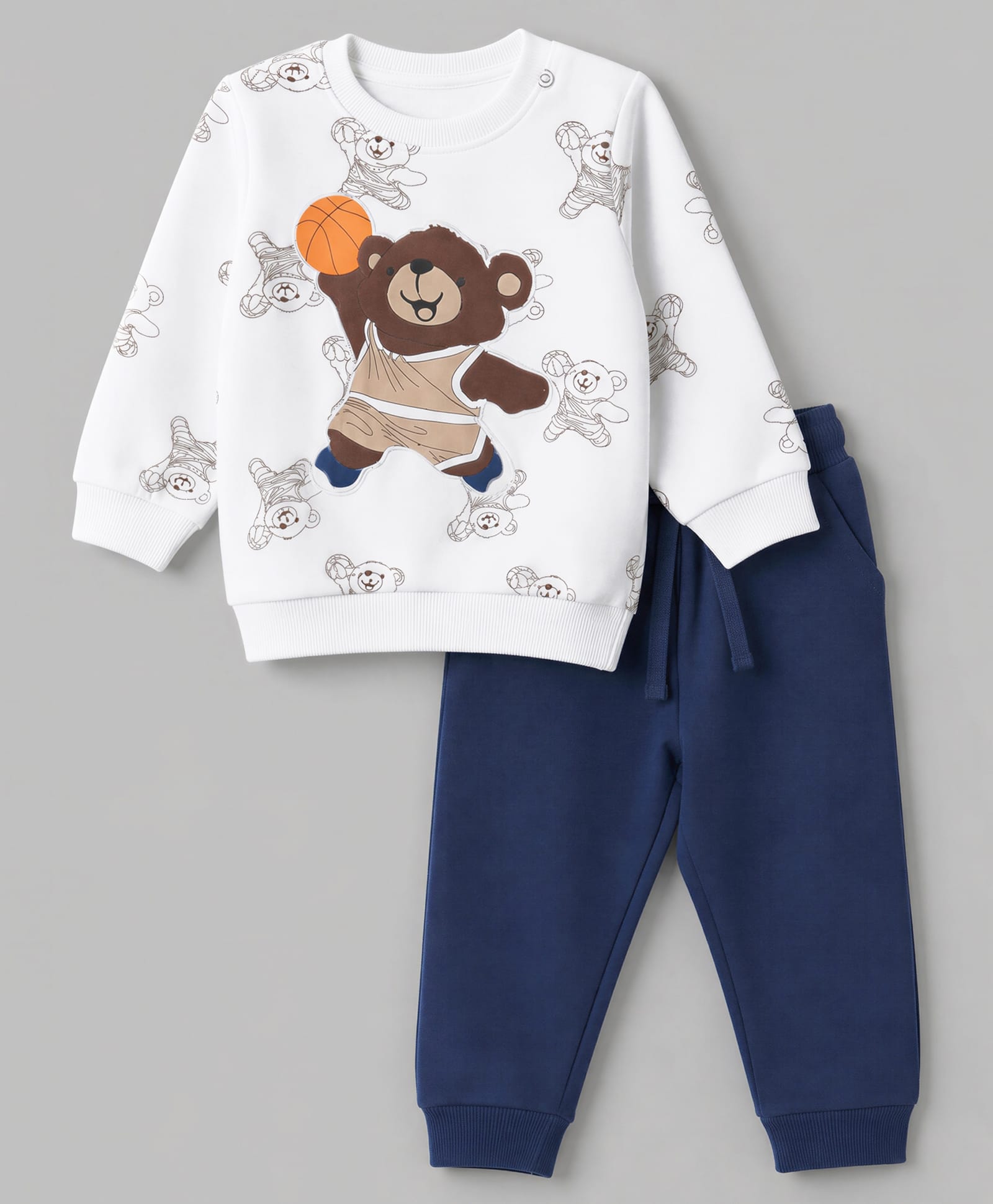 Babyoye 100% Cotton Heavy Guage 3 Thread Terry Knit Full Sleeves Sweat Shirt & Lounge Pant Set with Bear Print & Patch - White & Navy-image-41