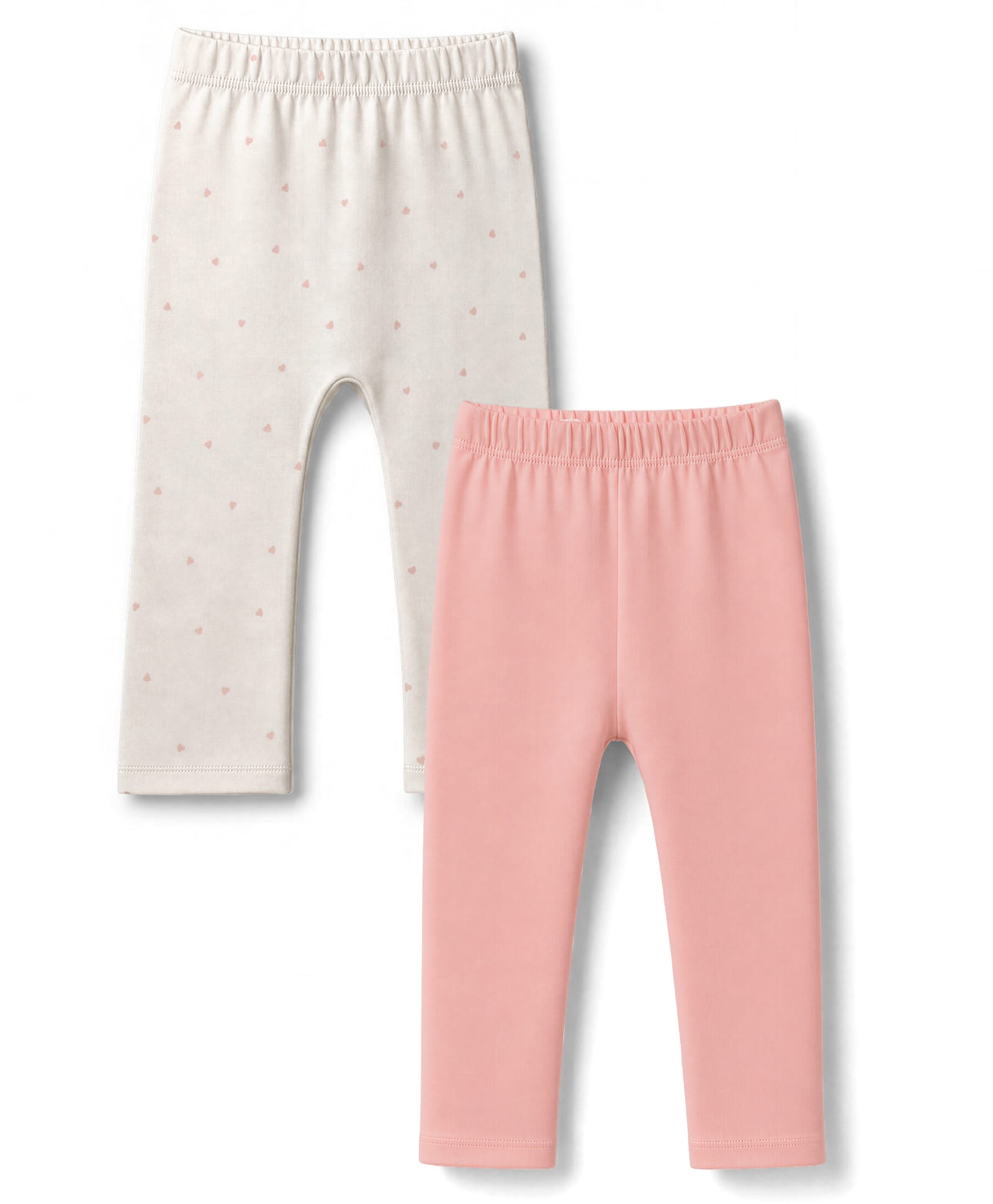 Bonfino 100% Cotton Knit Full Length Hearts Printed & Solid Diaper Leggings Pack Of 2 - Pink & White-image-24