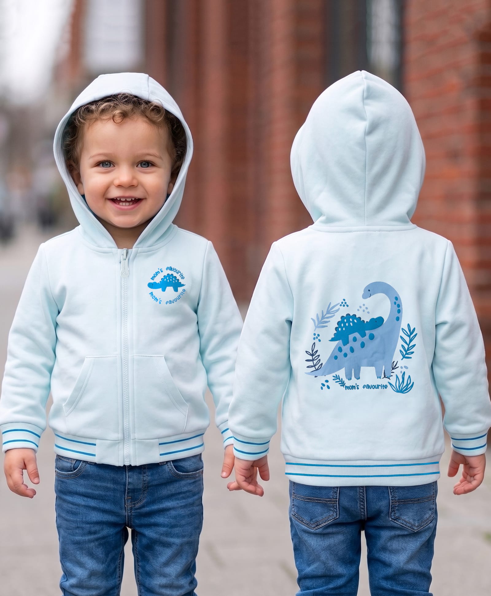 Babyoye 100% Cotton Heavy Guage 3 Thread Terry Hooded Sweat Jacket with Dino Print - Light Blue-image-16