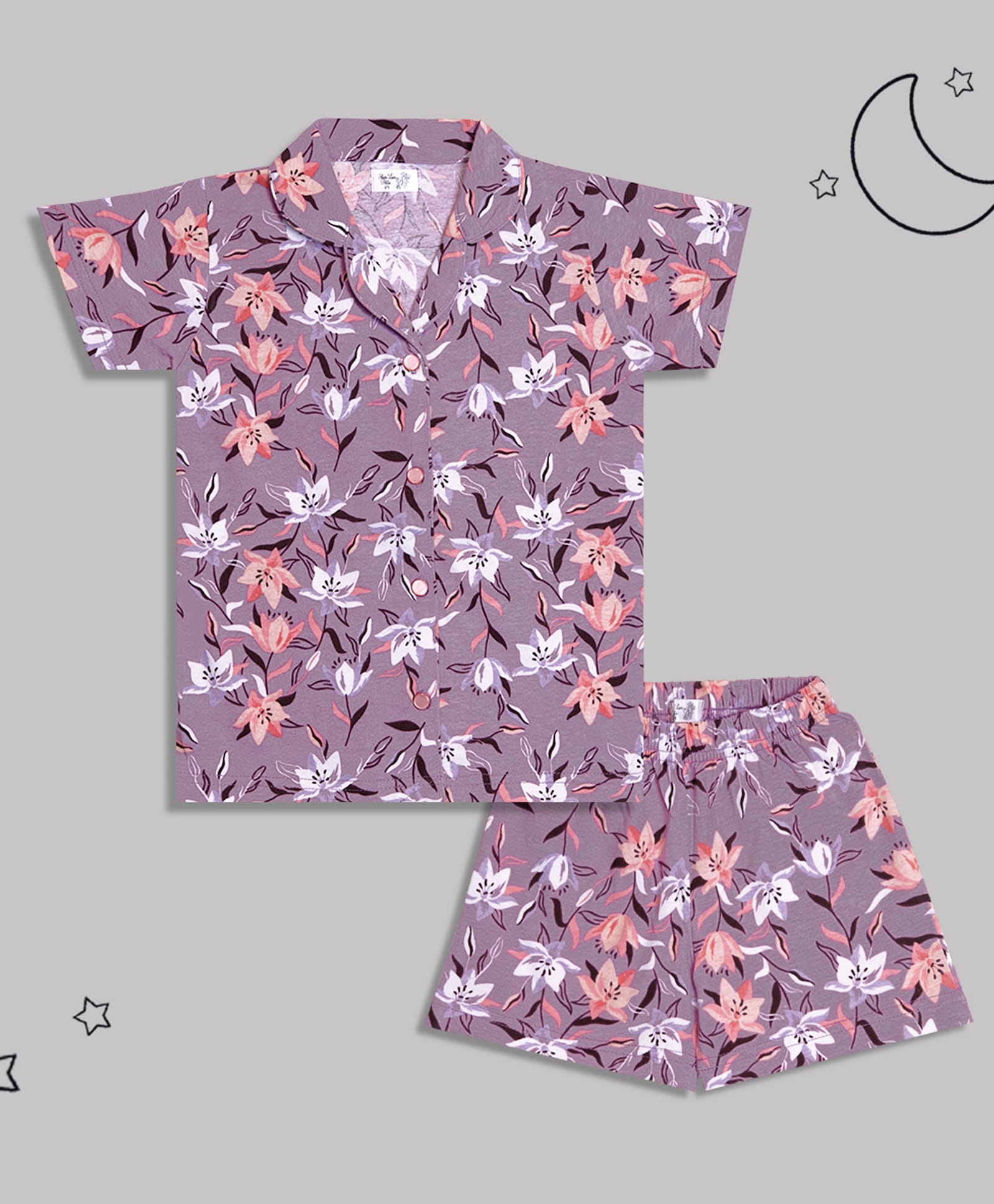Sheer Love Cotton Jersey Knit Half Sleeves Floral Printed Coordinating Shirt & Shorts Night Suit - Lavender-image-8