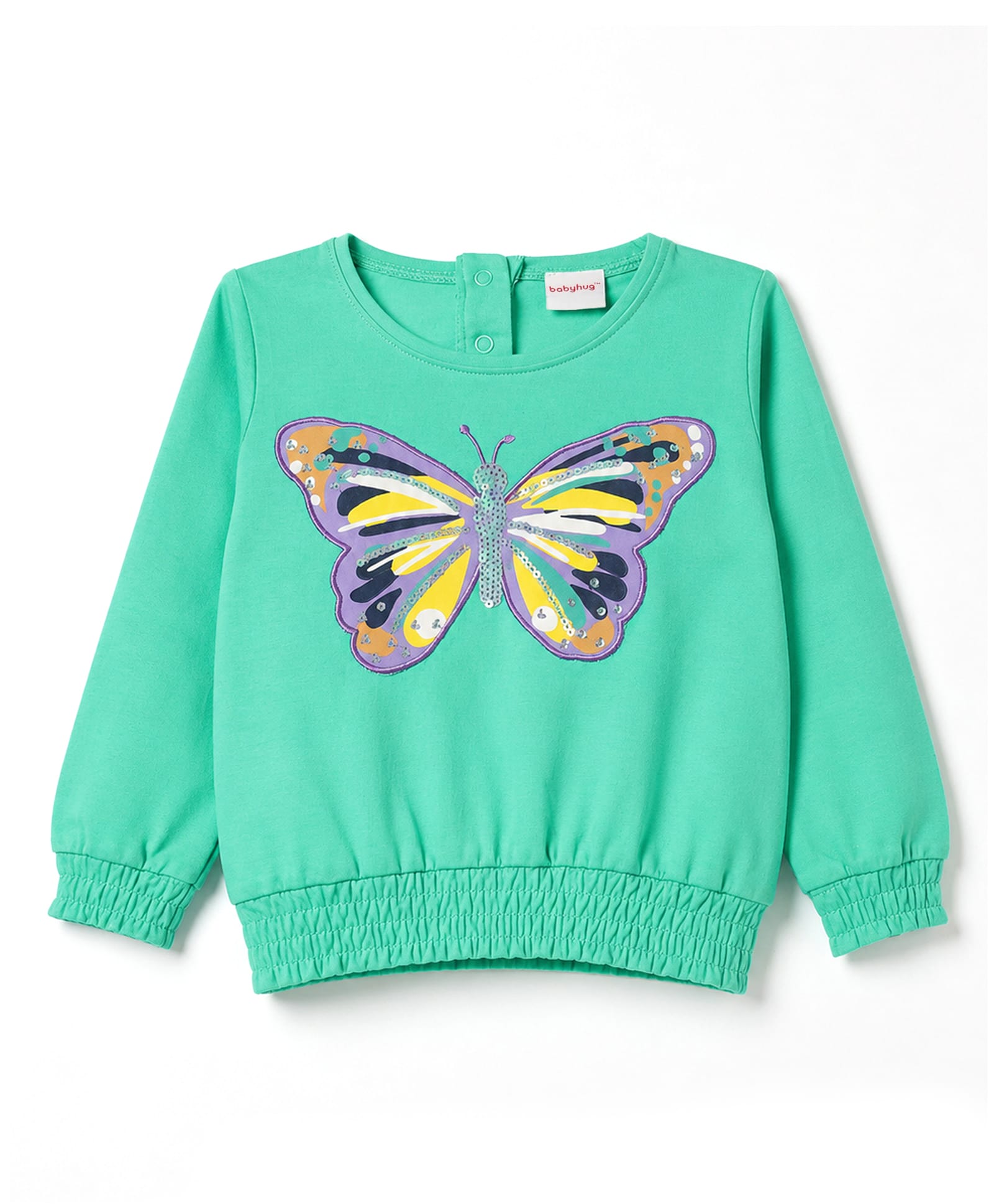 Babyhug Cotton Knit Full Sleeves Sequins Embellished Top with Butterfly Print - Sea Green-picture-28
