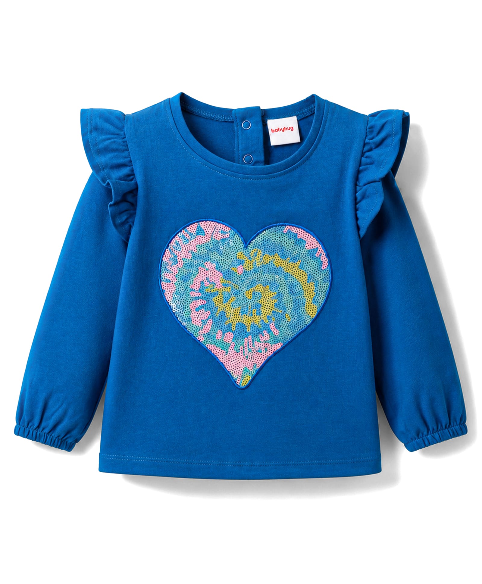 Babyhug Cotton Knit Full Sleeves Top with Frills & Sequinned Heart Design -Blue-image-37